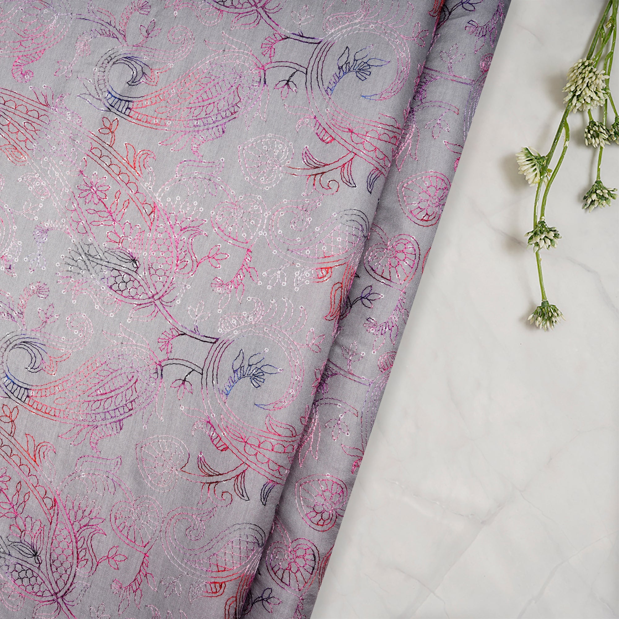 (Pre-Cut 4.70 Mtr)Grey All Over Paisley Pattern Tye and Dye Effect Thread Embroidered Poly-Tusser Fabric
