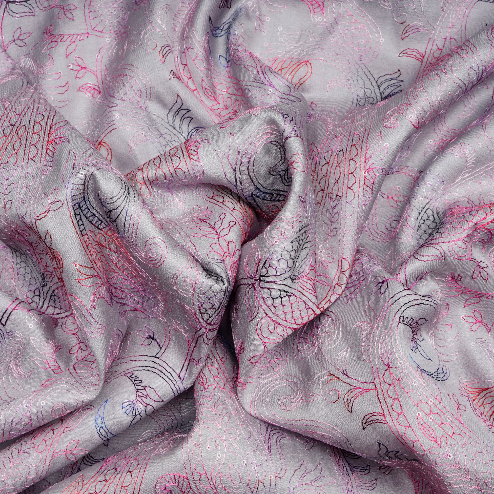 (Pre-Cut 4.70 Mtr)Grey All Over Paisley Pattern Tye and Dye Effect Thread Embroidered Poly-Tusser Fabric