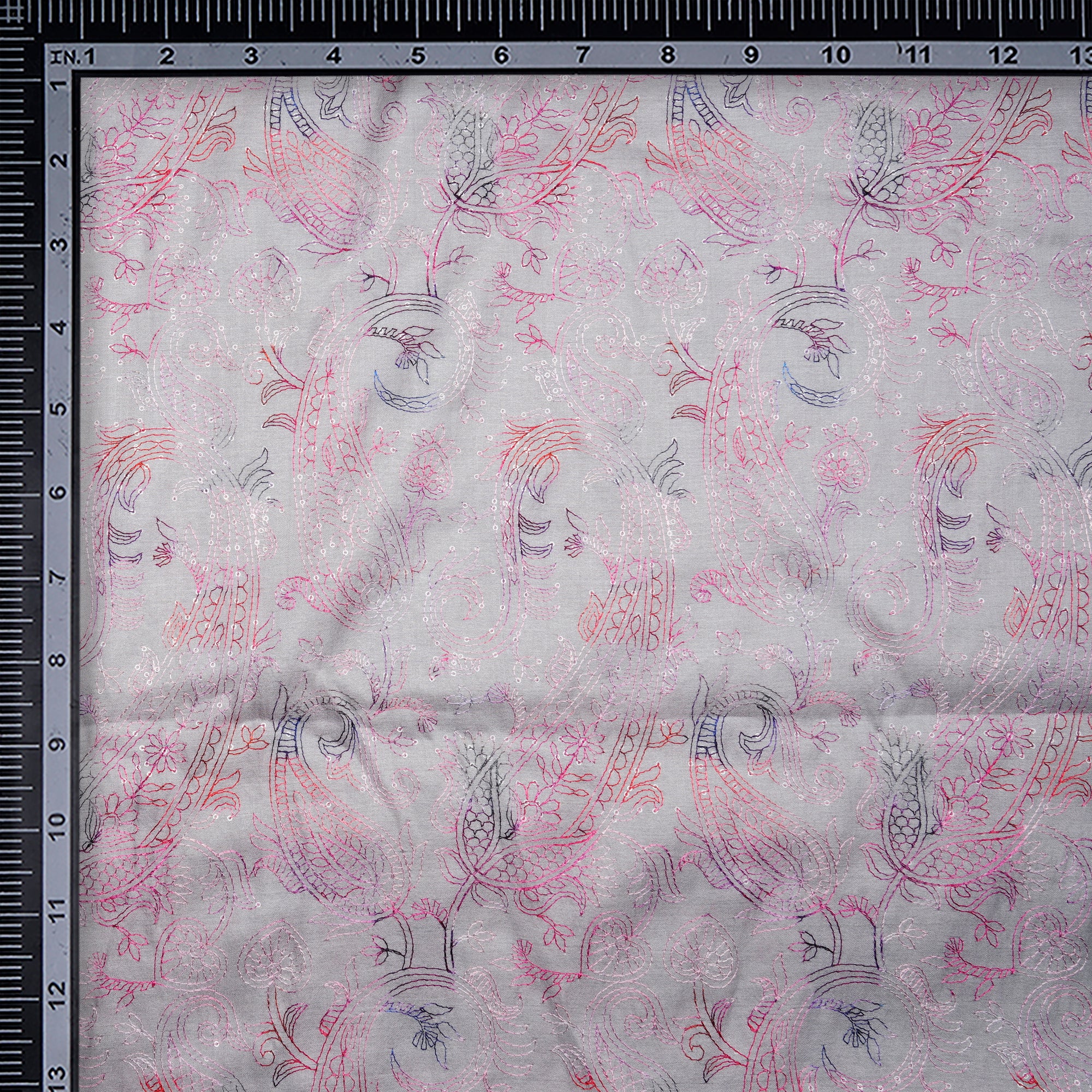 (Pre-Cut 4.70 Mtr)Grey All Over Paisley Pattern Tye and Dye Effect Thread Embroidered Poly-Tusser Fabric