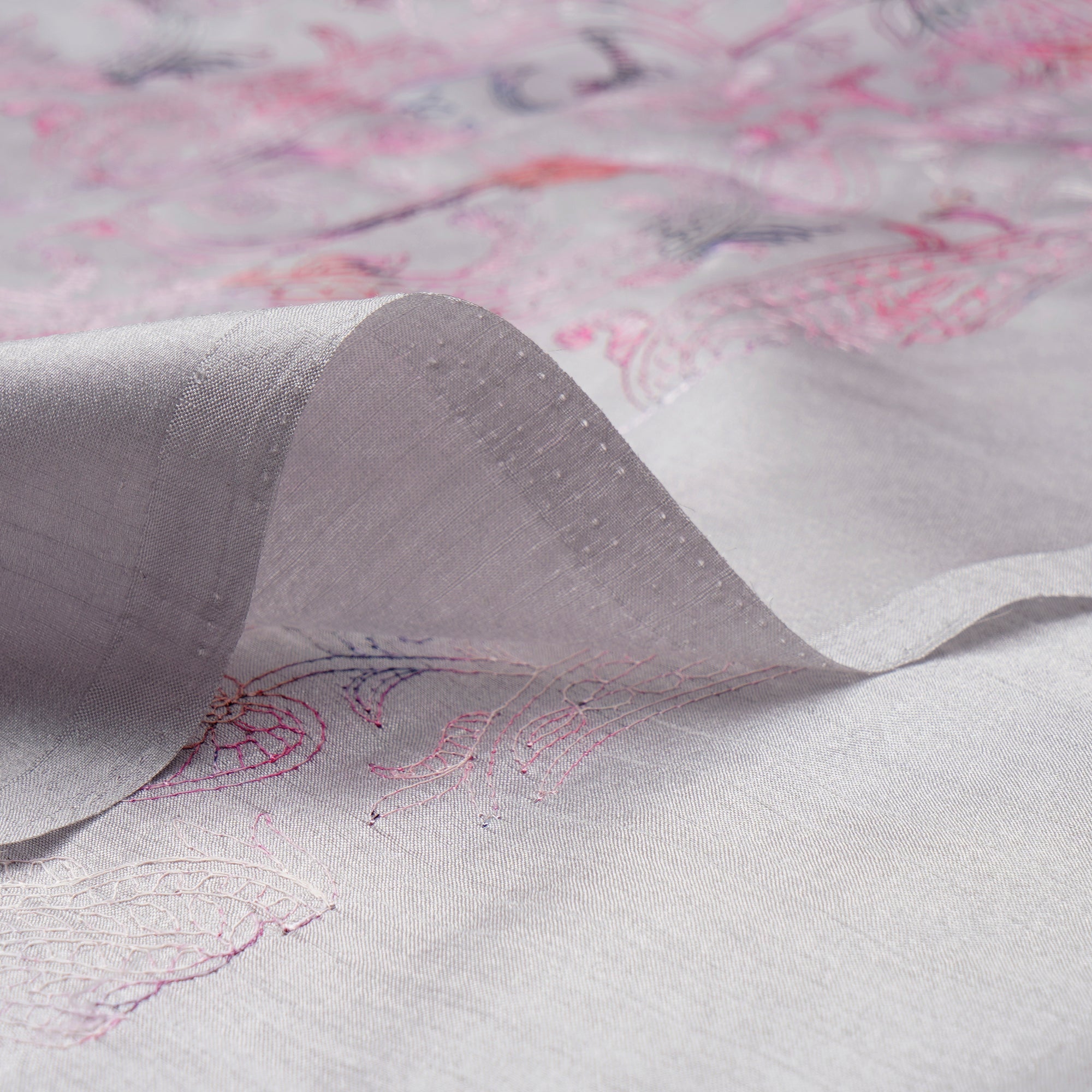 (Pre-Cut 4.70 Mtr)Grey All Over Paisley Pattern Tye and Dye Effect Thread Embroidered Poly-Tusser Fabric