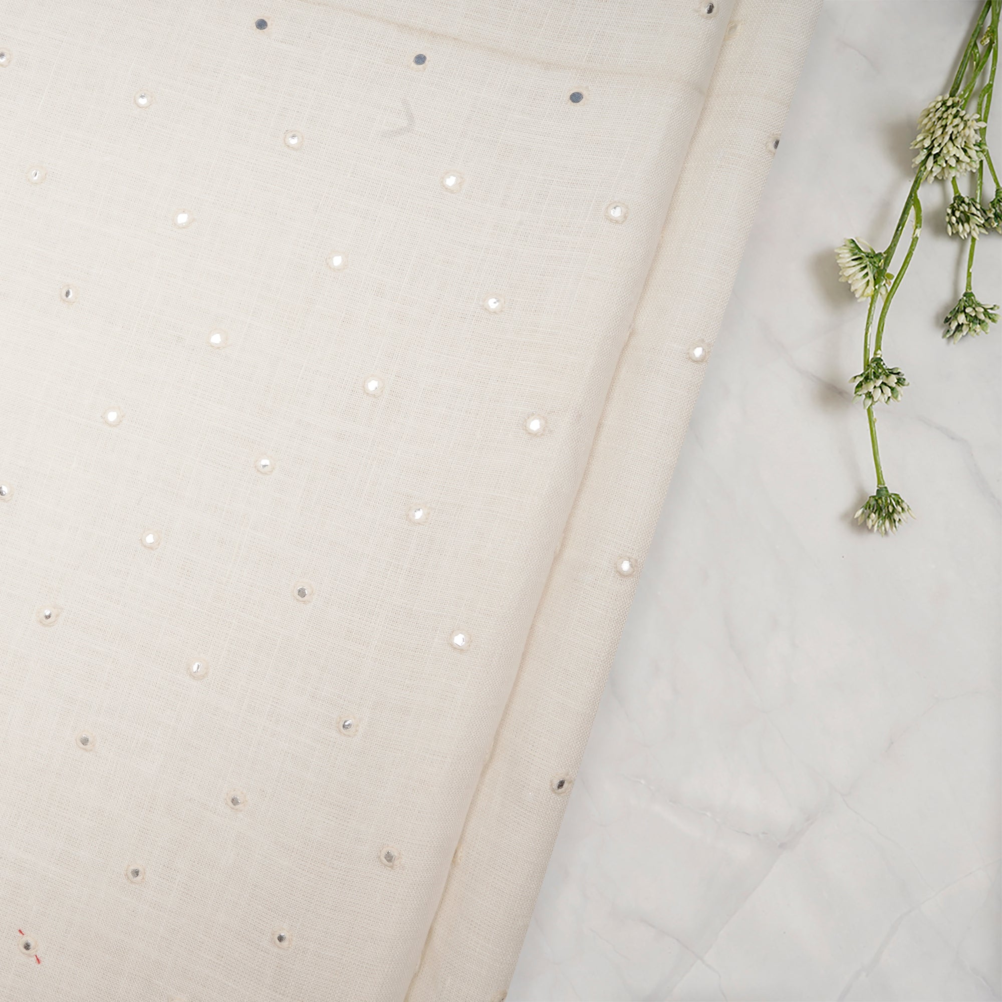 (Pre-Cut 3.80 Mtr)White Color Sequins Embroidered Plain Cotton Linen Fabric