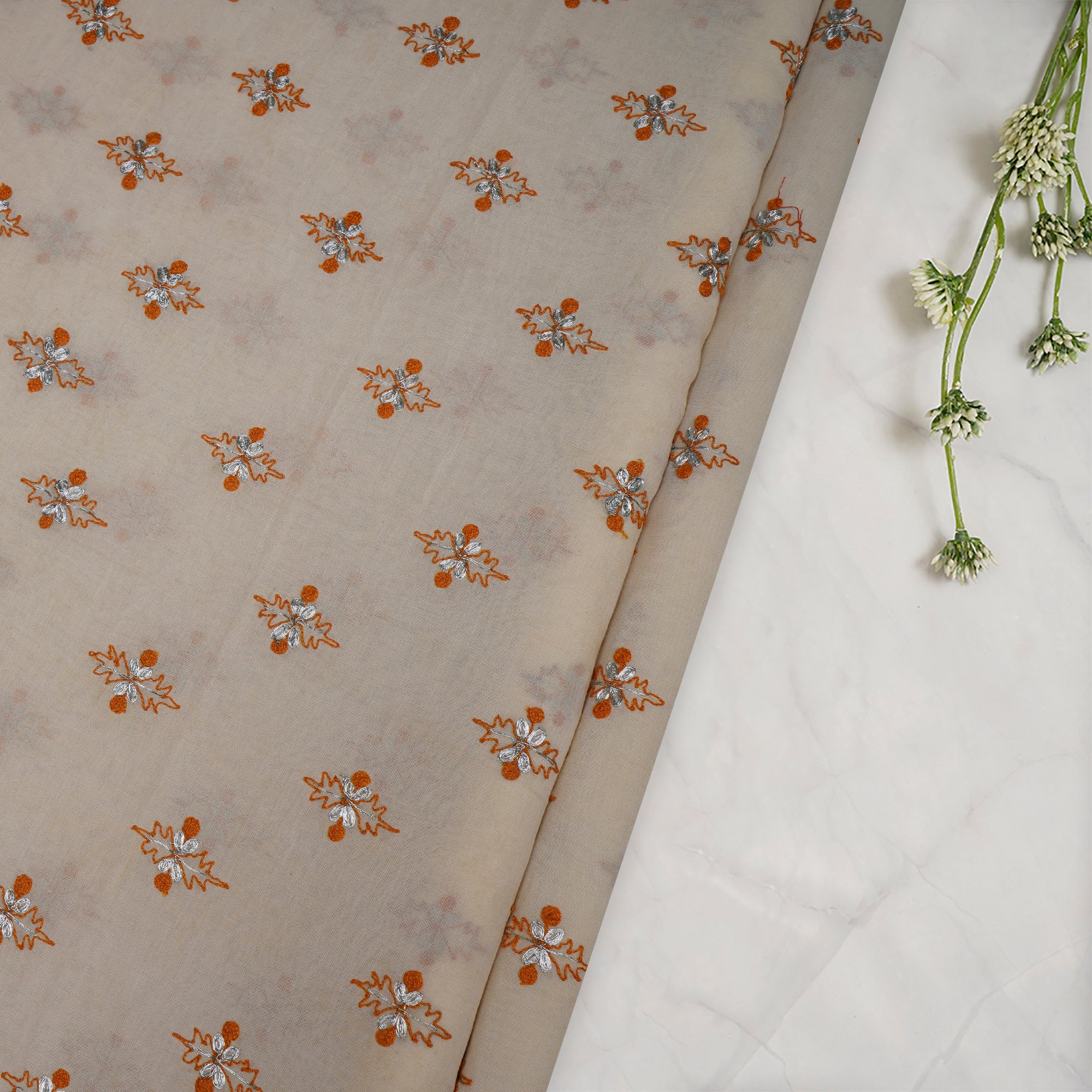 (Pre-Cut 2.90 Mtr)Cream-Mustard Color Embroidered Cotton Voile Fabric
