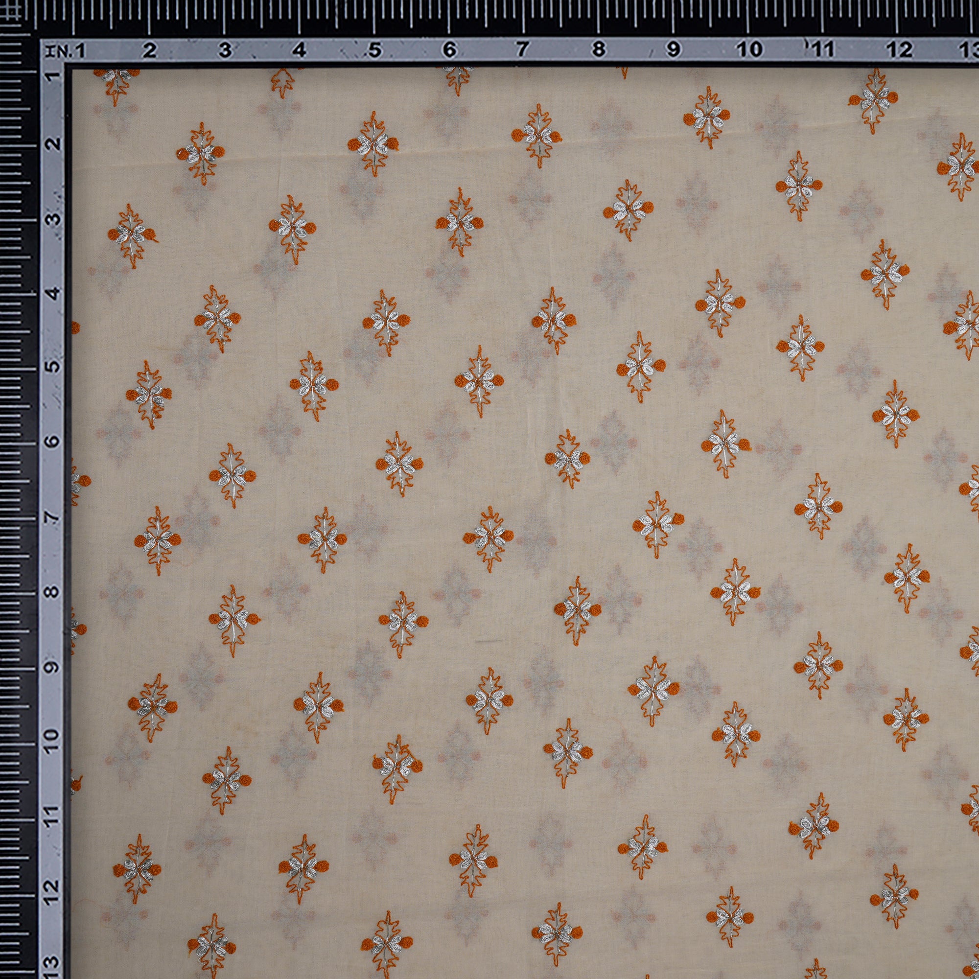 (Pre-Cut 2.90 Mtr)Cream-Mustard Color Embroidered Cotton Voile Fabric