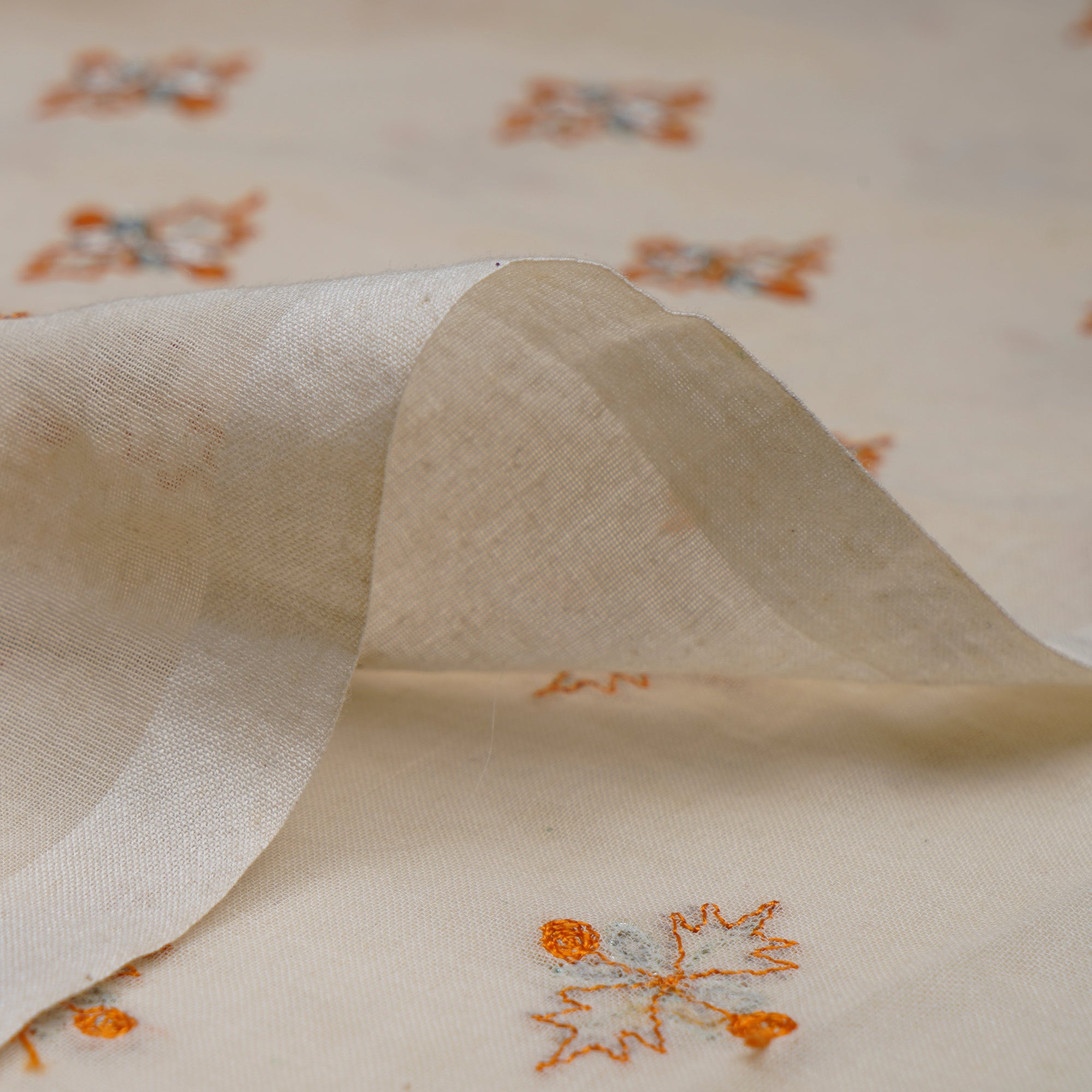 (Pre-Cut 2.90 Mtr)Cream-Mustard Color Embroidered Cotton Voile Fabric