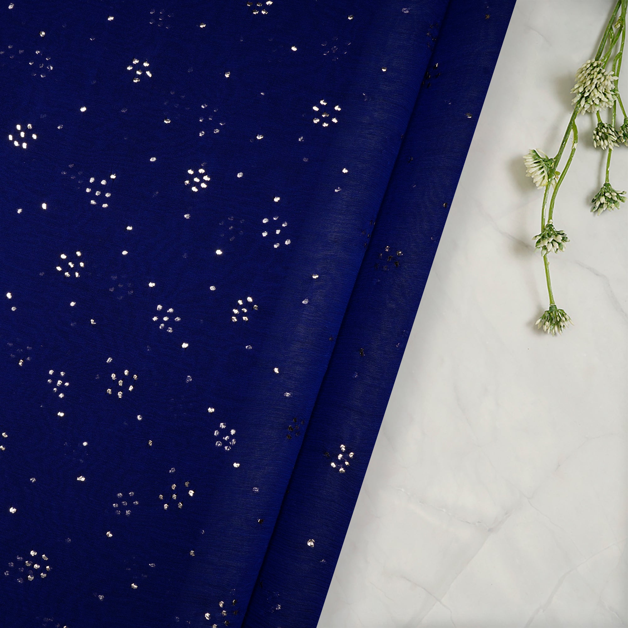 (Pre-Cut 4.00 Mtr)Blue Handcrafted Mukaish Work Pure Chiffon Silk Fabric