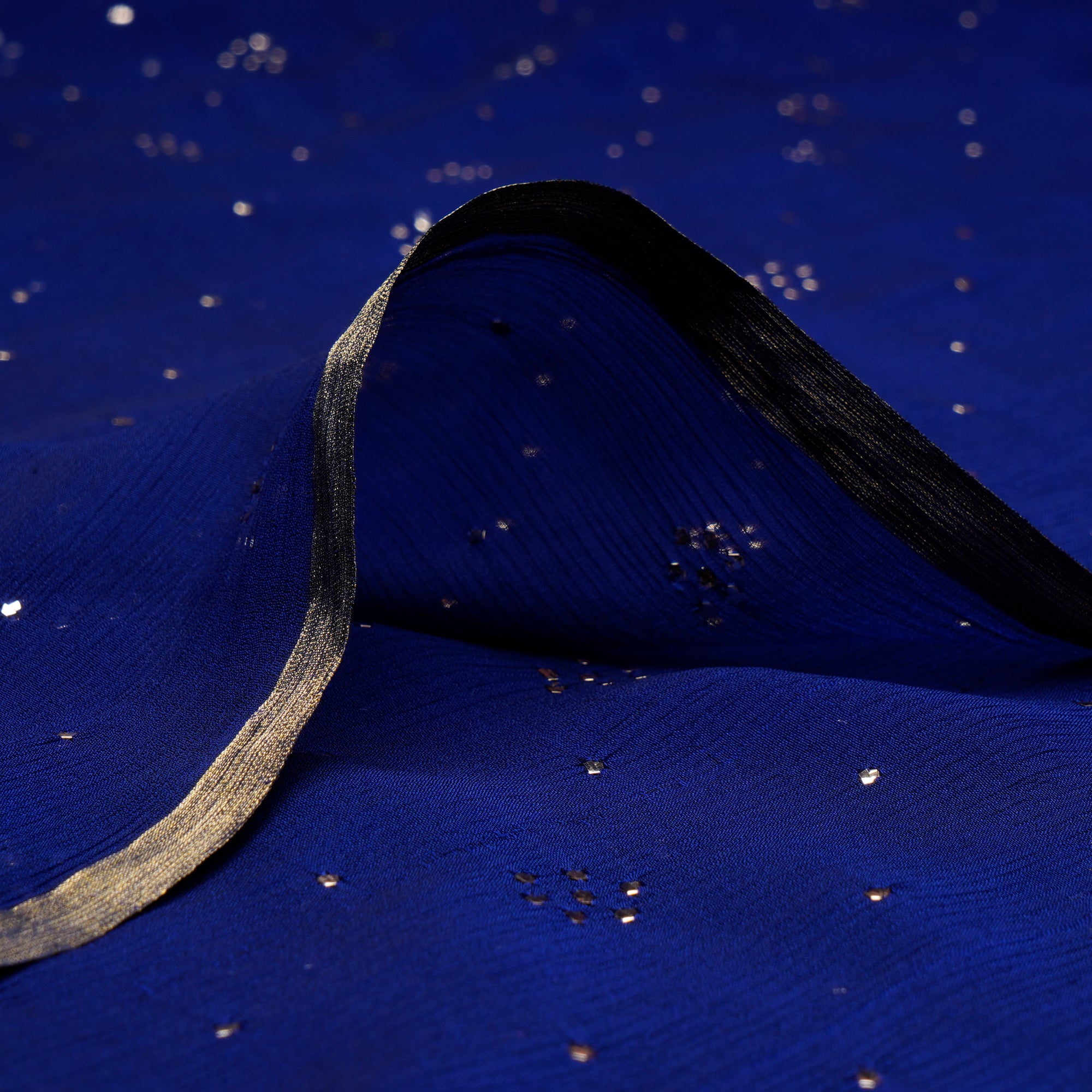 (Pre-Cut 4.00 Mtr)Blue Handcrafted Mukaish Work Pure Chiffon Silk Fabric