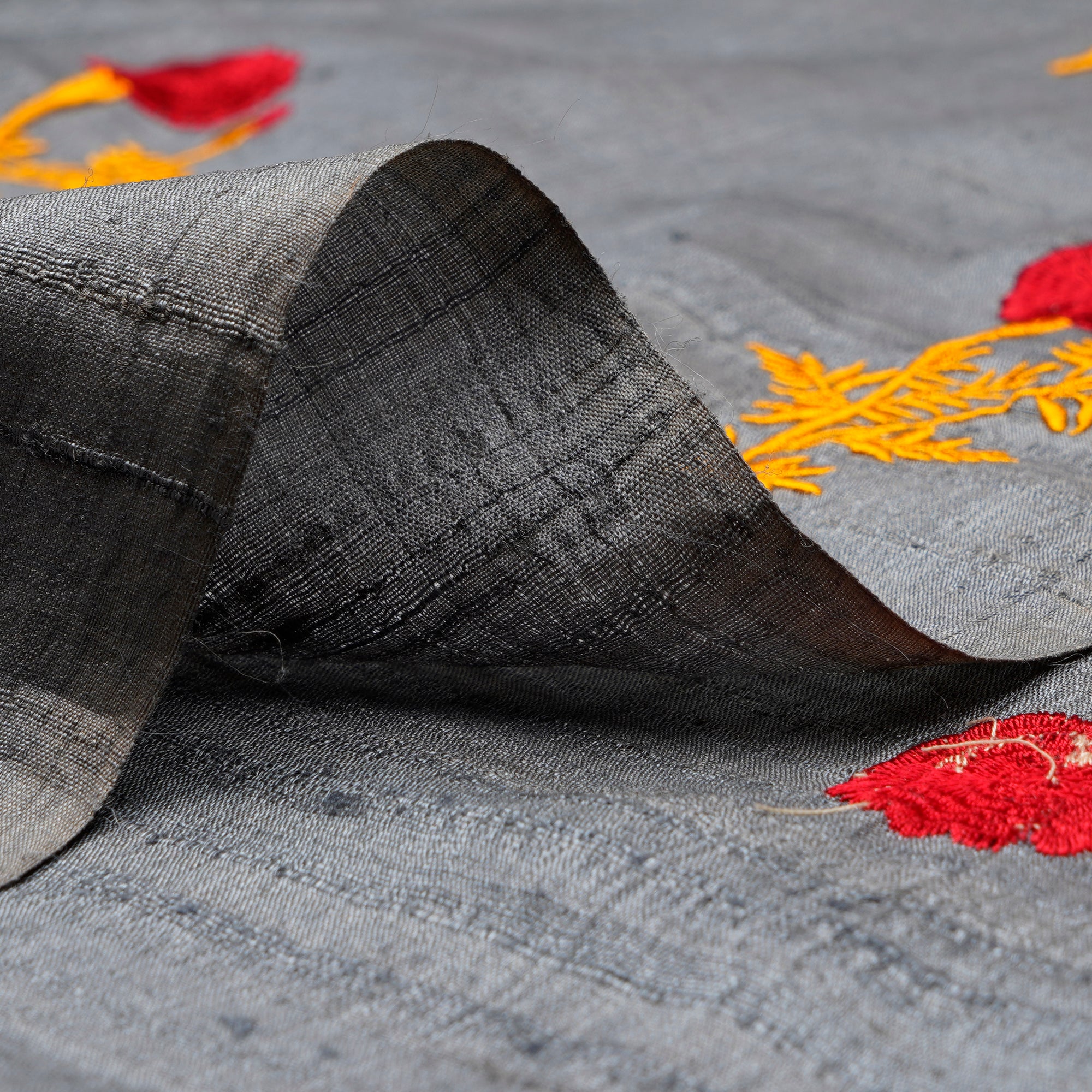 (Pre-Cut 3.30 Mtr)Grey-Yellow Motif Pattern Thread Embroidered Tusser Silk Fabric