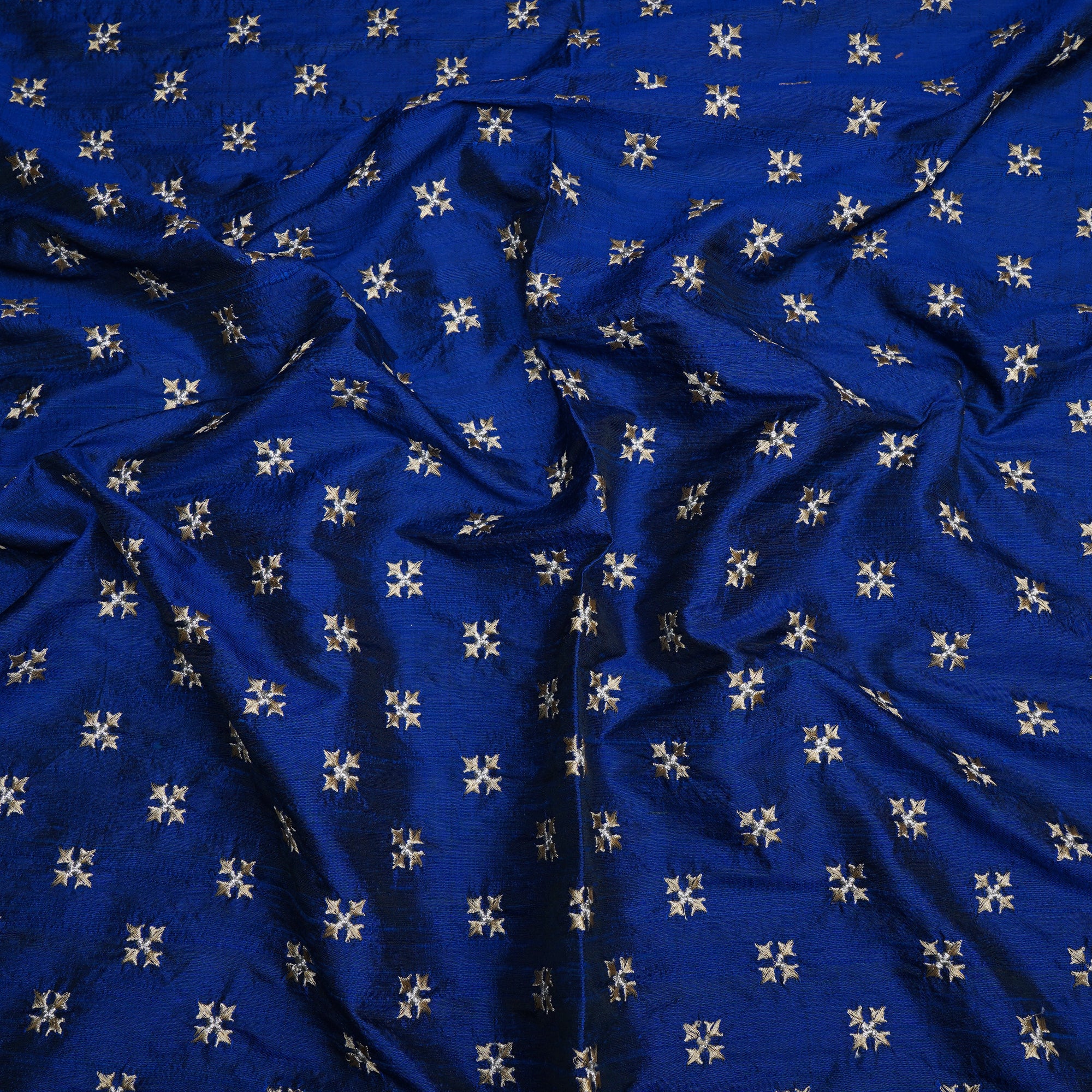 (Pre-Cut 4.60 Mtr)Blue Color Embroidered Dupion Silk Fabric