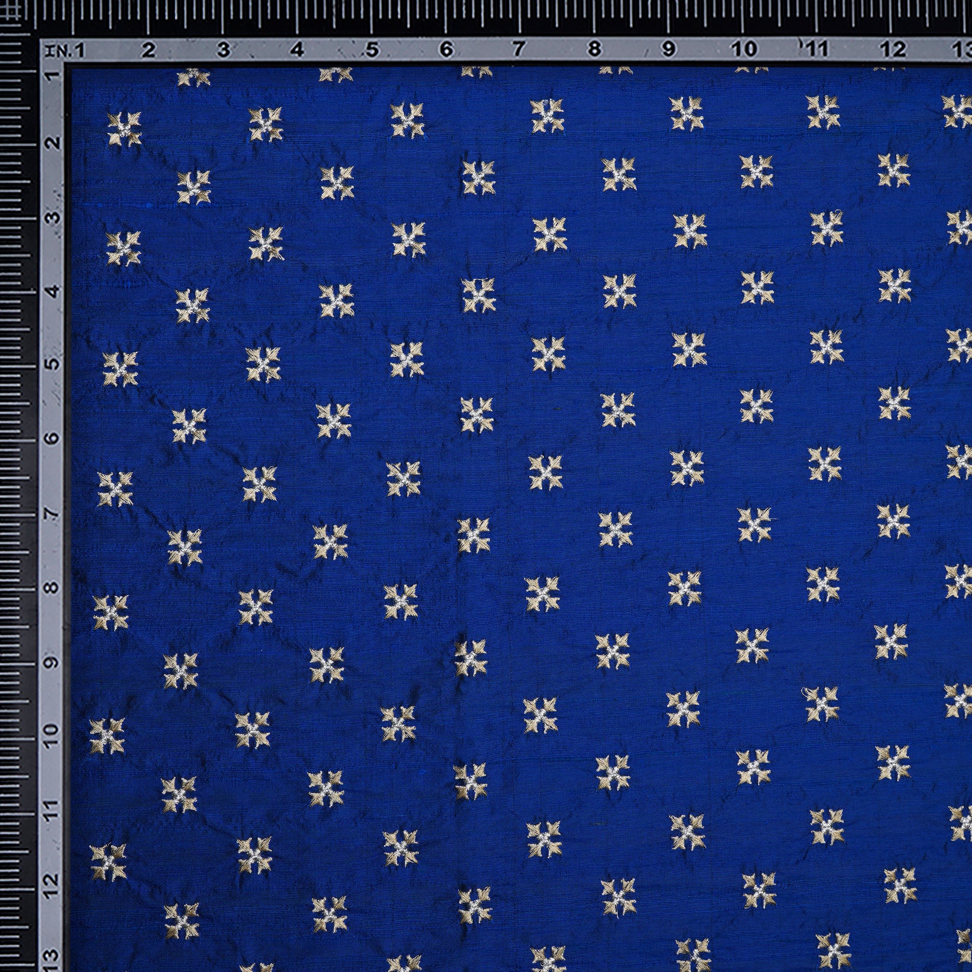 (Pre-Cut 4.60 Mtr)Blue Color Embroidered Dupion Silk Fabric
