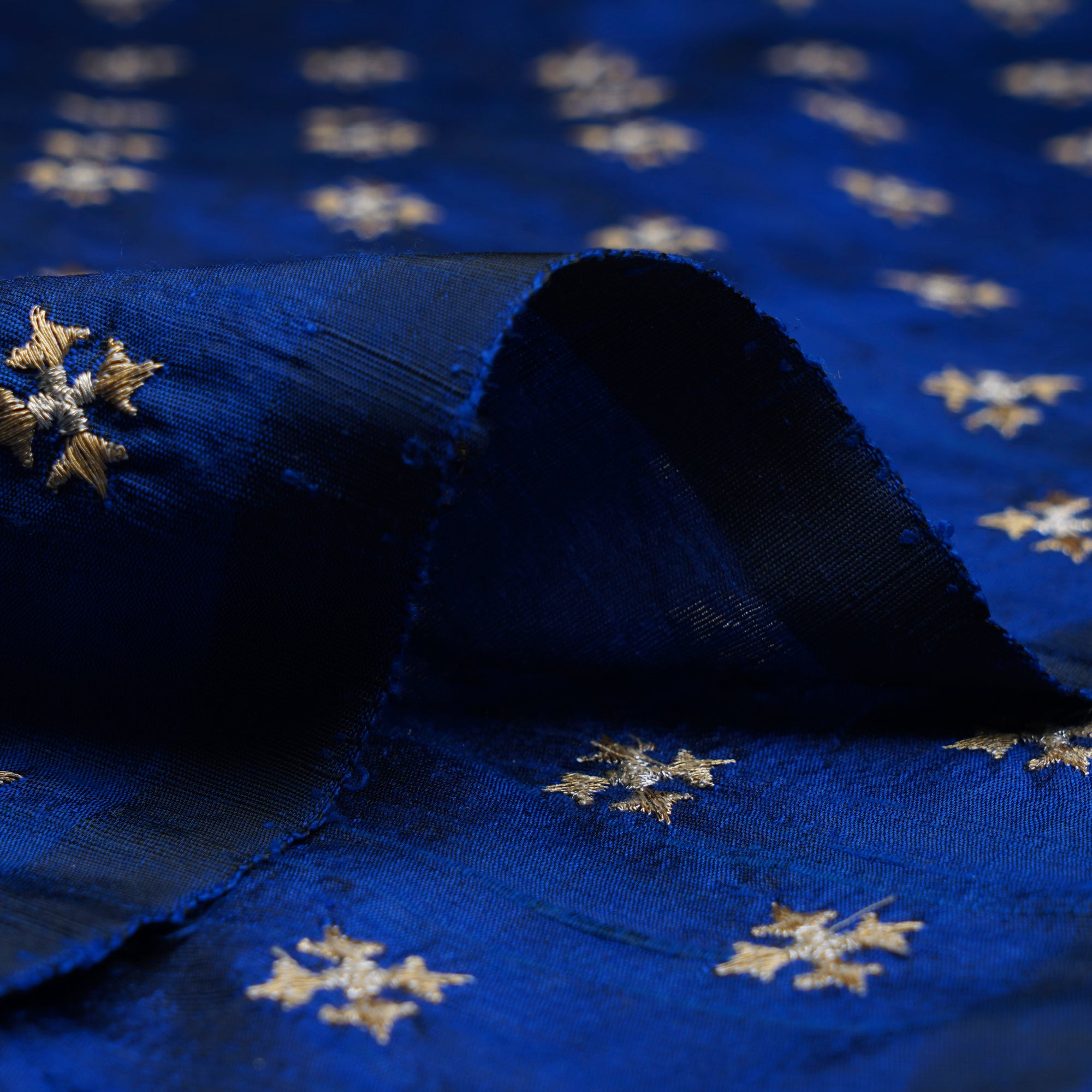 (Pre-Cut 4.60 Mtr)Blue Color Embroidered Dupion Silk Fabric