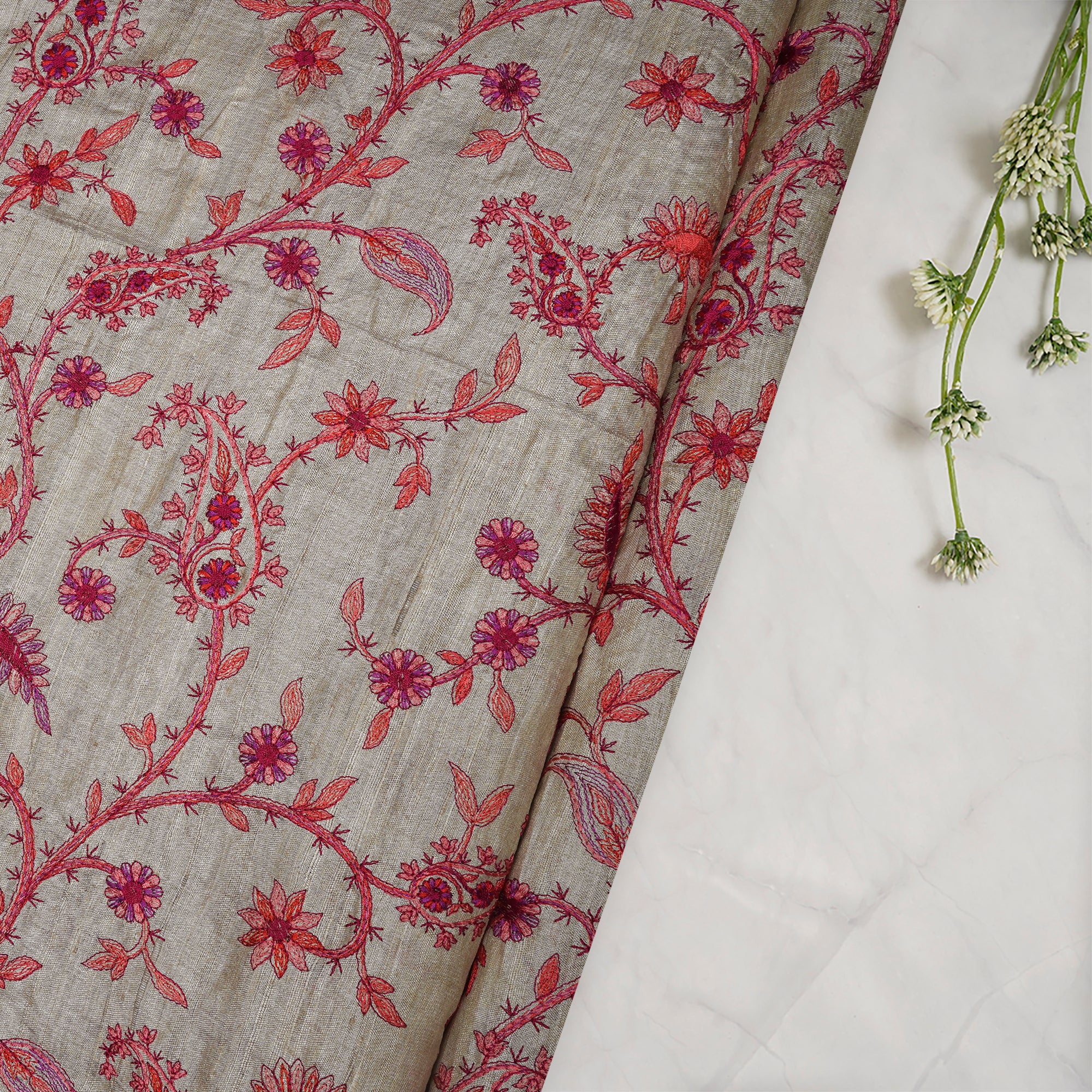 (Pre-Cut 3.30 Mtr)Beige Color Embroidered Tussar Silk Fabric