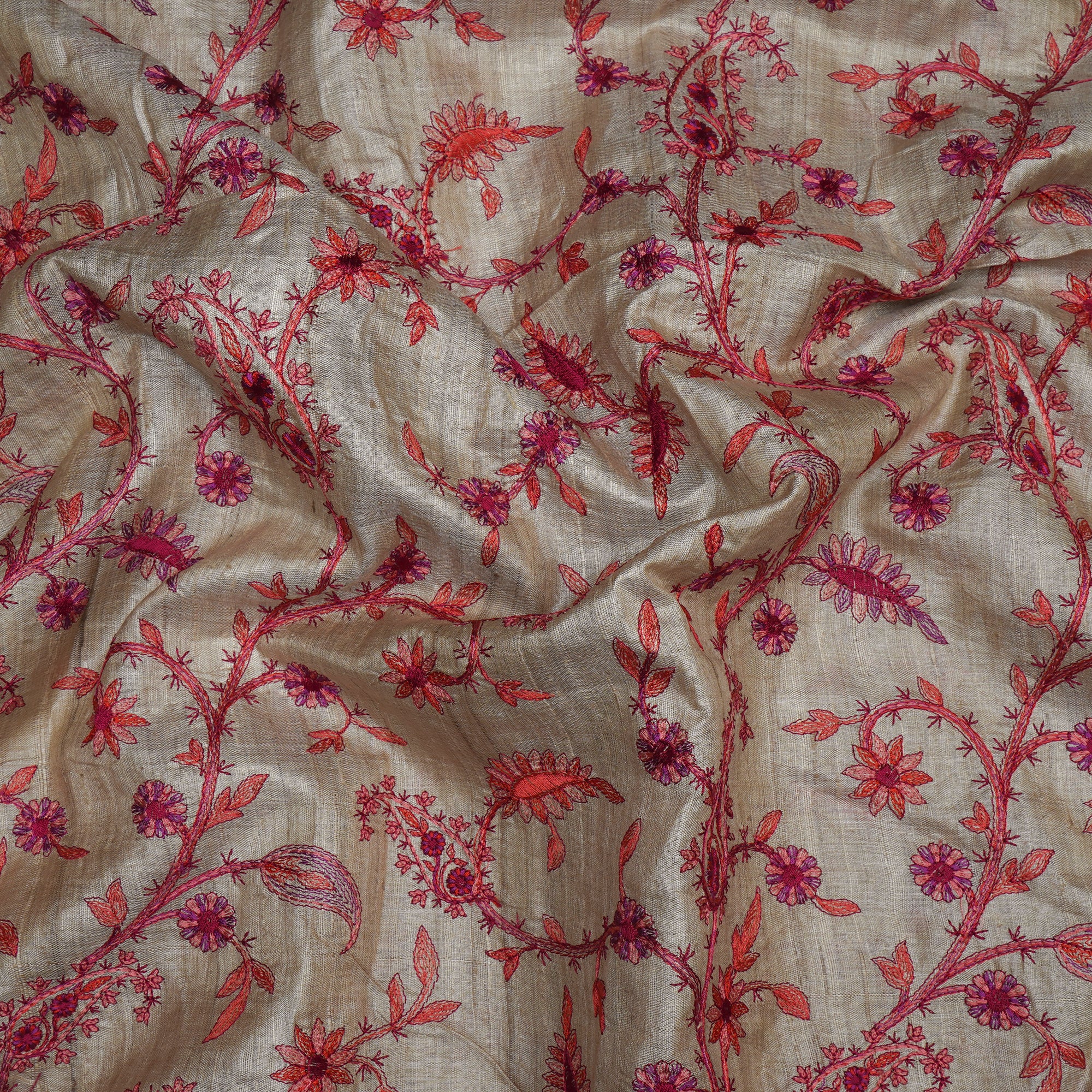 (Pre-Cut 3.30 Mtr)Beige Color Embroidered Tussar Silk Fabric