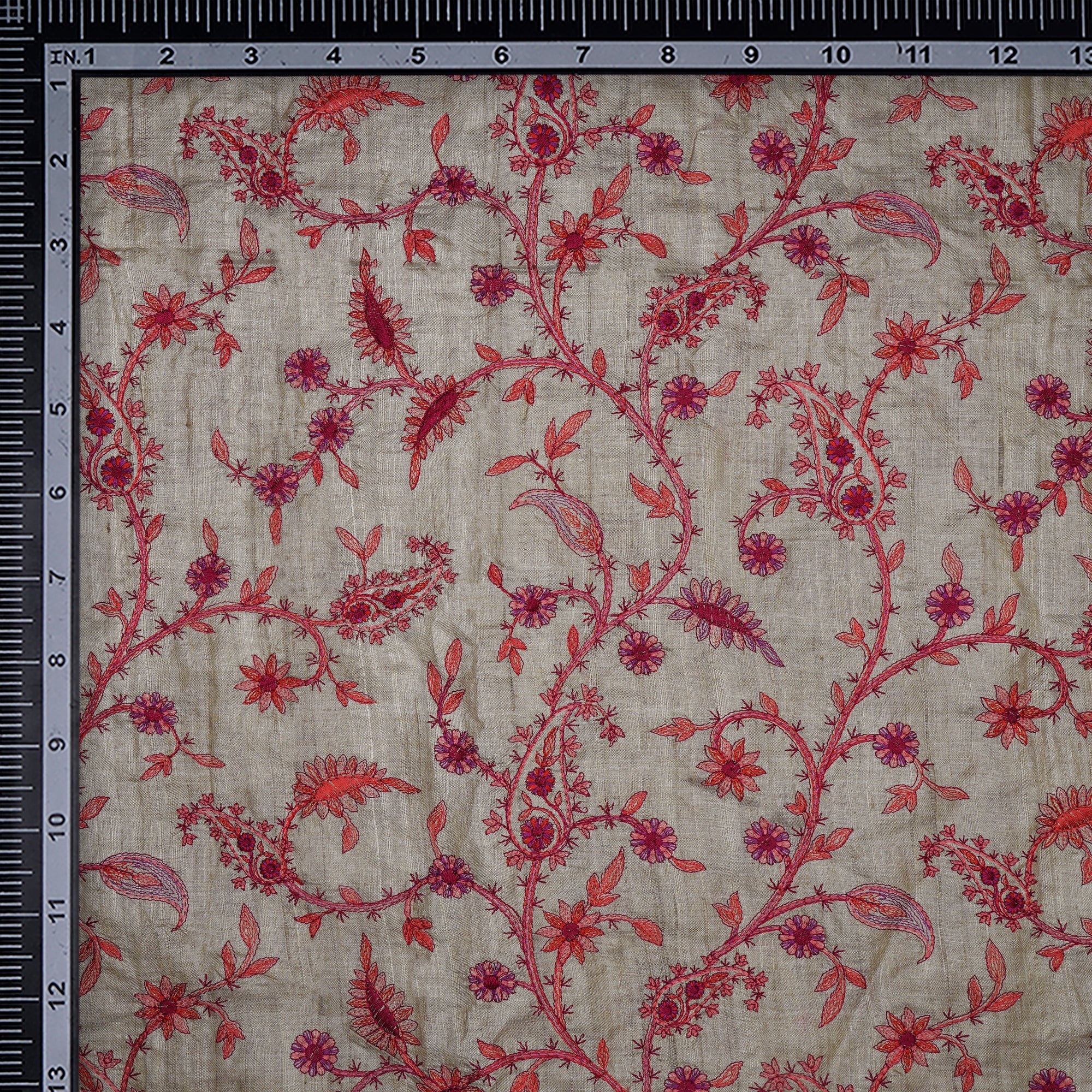 (Pre-Cut 3.30 Mtr)Beige Color Embroidered Tussar Silk Fabric