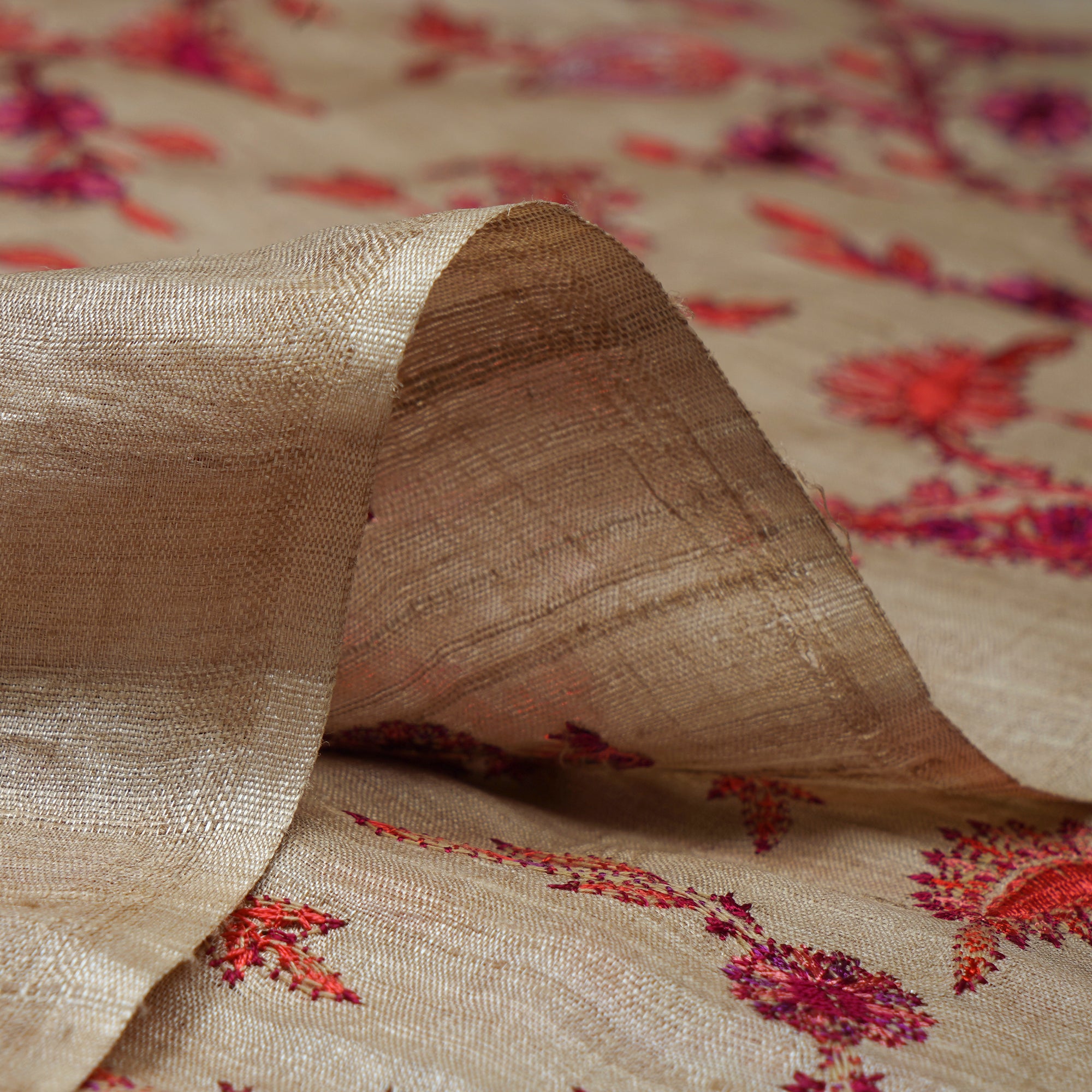 (Pre-Cut 3.30 Mtr)Beige Color Embroidered Tussar Silk Fabric
