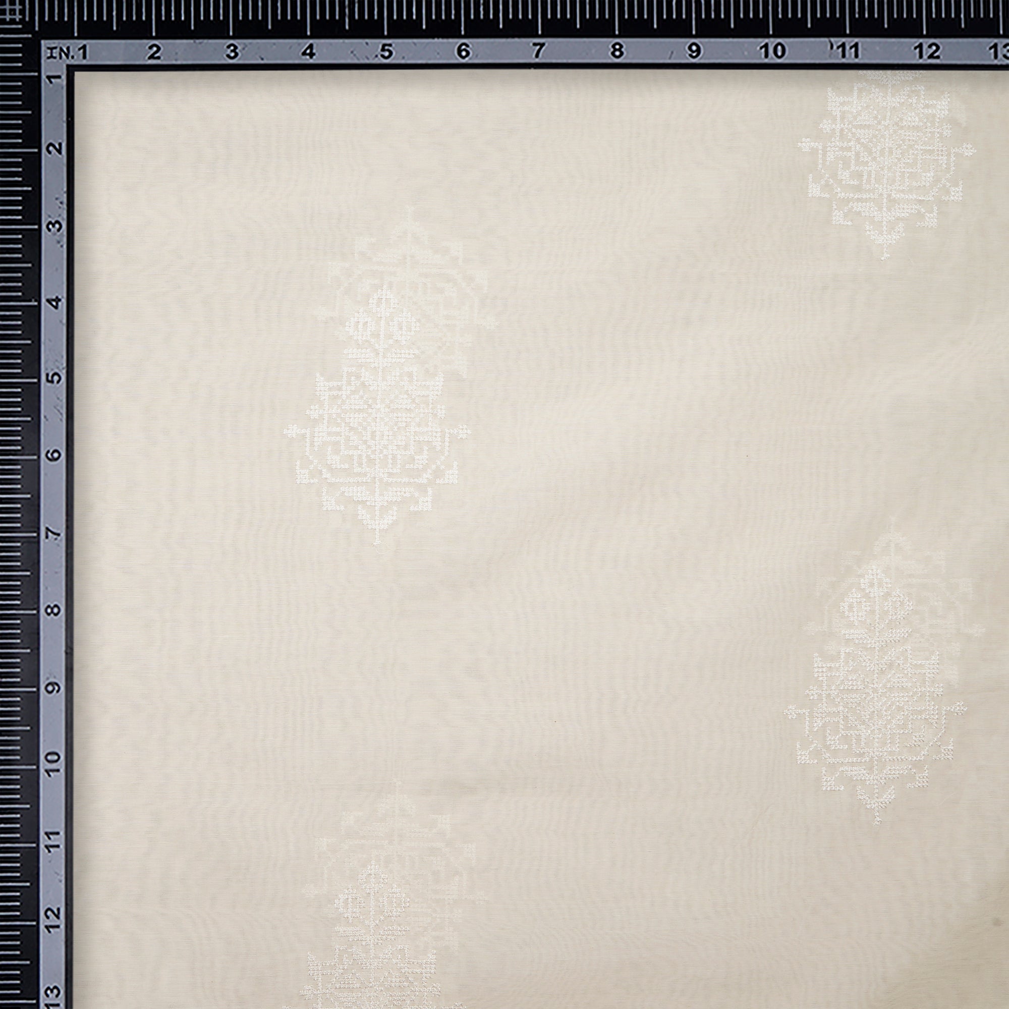 (Pre-Cut 3.50 Mtr)Off White Pattern Thread Embroidered Pure Chanderi Fabric