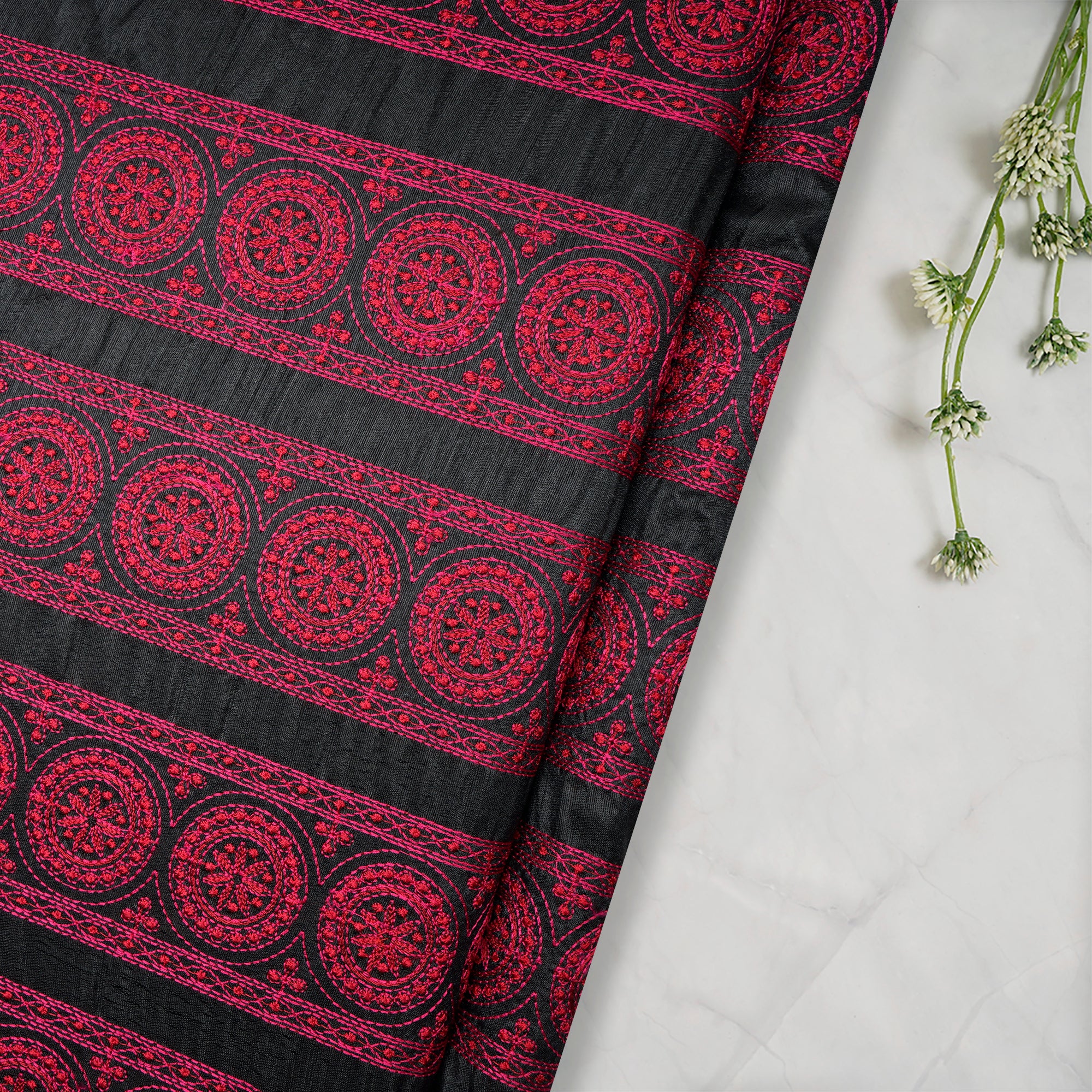 (Pre-Cut 3.10 Mtr)Black-Red Color Embroidered Polyester Fabric