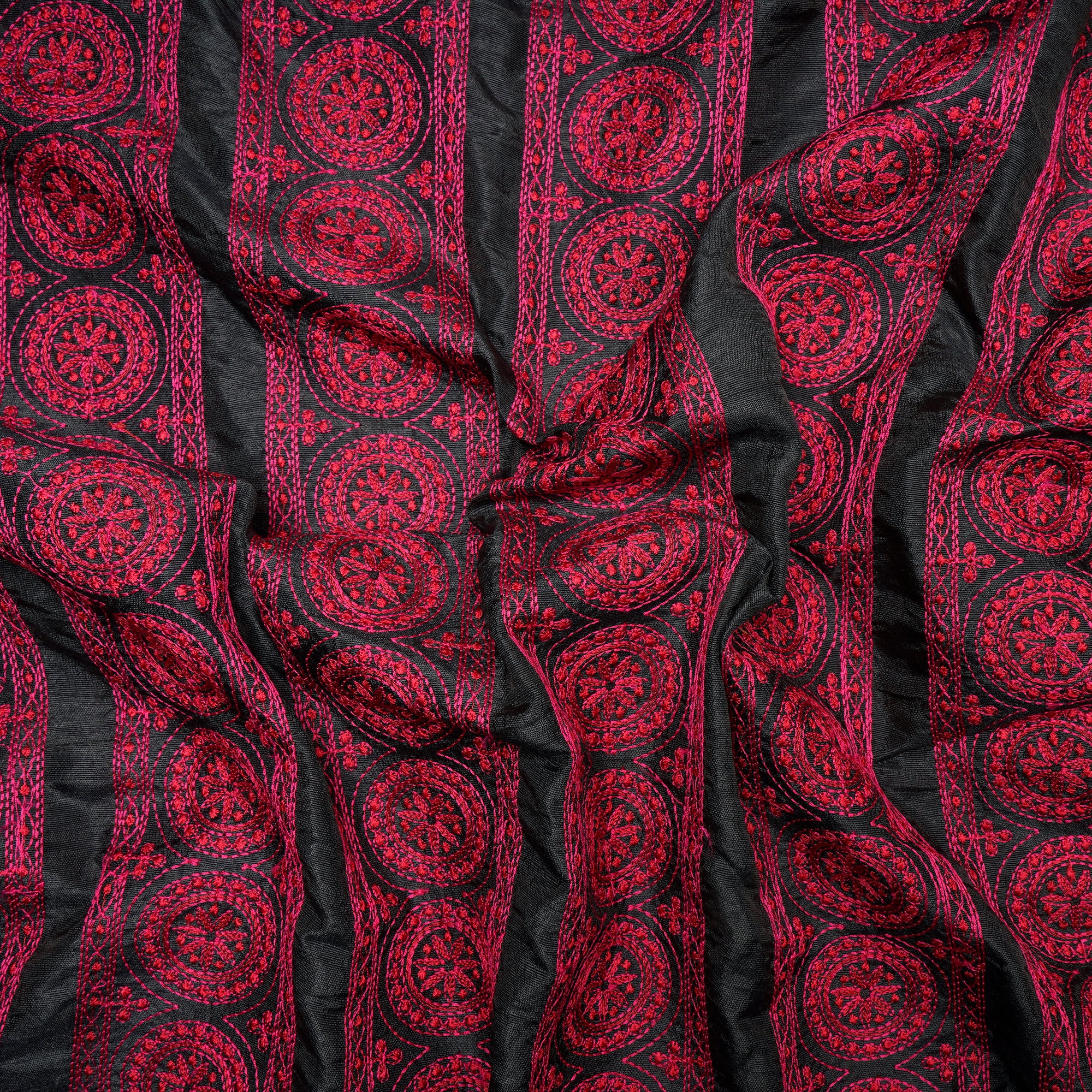 (Pre-Cut 3.10 Mtr)Black-Red Color Embroidered Polyester Fabric