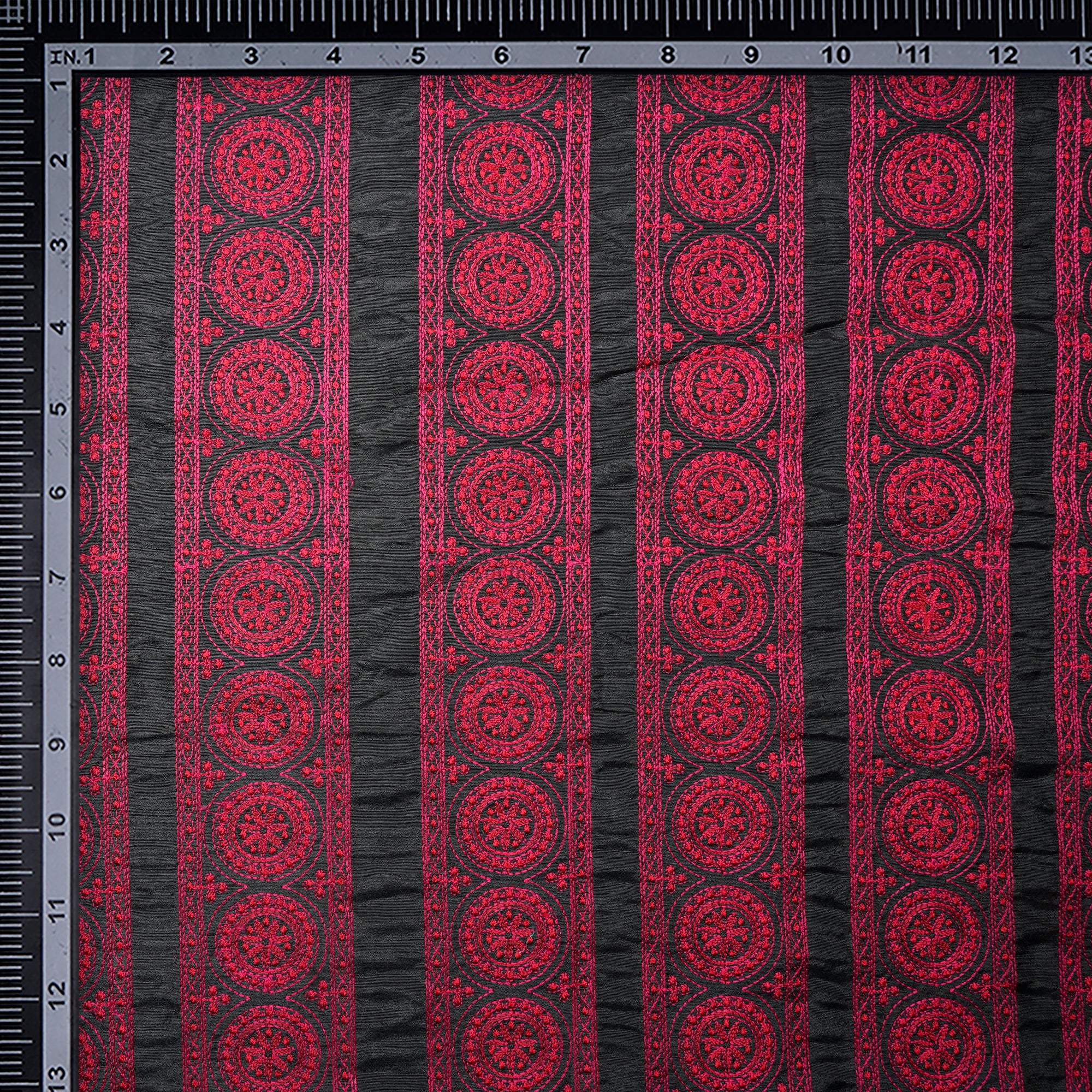 (Pre-Cut 3.10 Mtr)Black-Red Color Embroidered Polyester Fabric