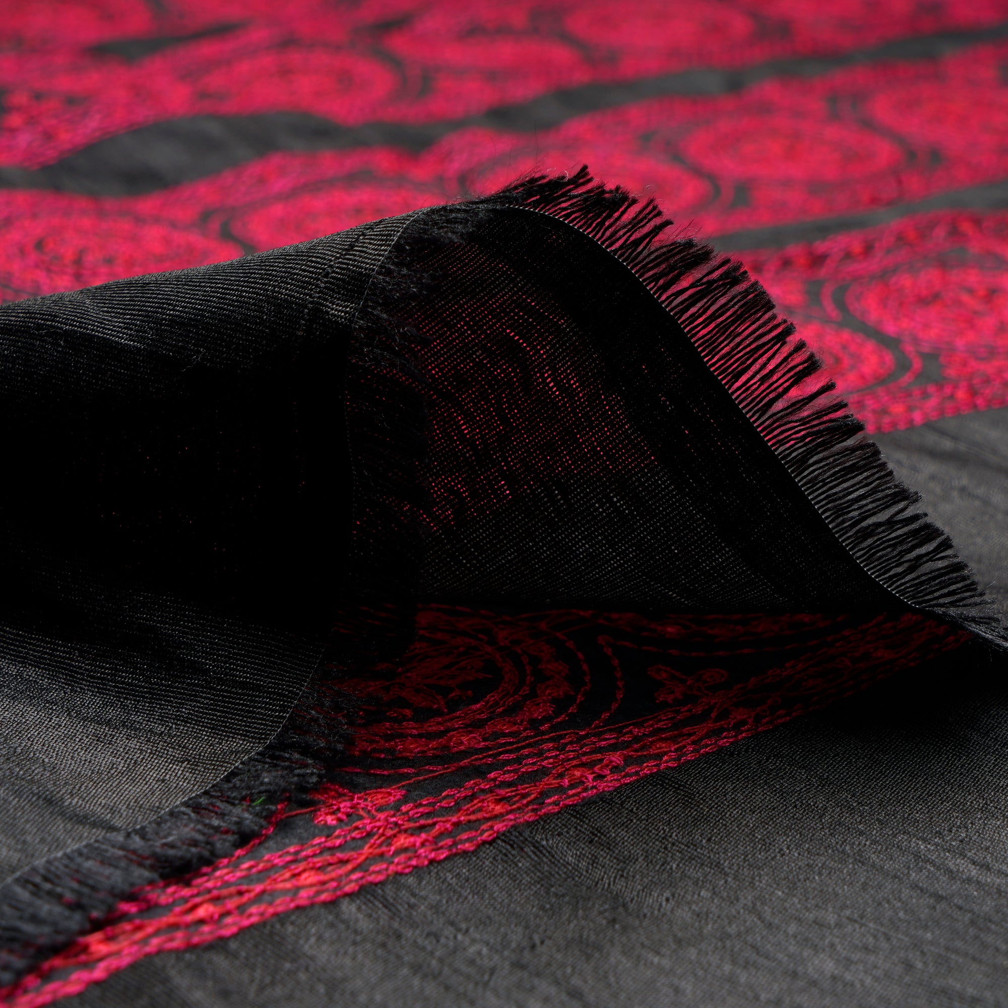 (Pre-Cut 3.10 Mtr)Black-Red Color Embroidered Polyester Fabric