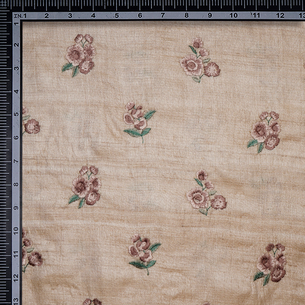 (Pre-Cut 3.50 Mtr)Beige Color Embroidered Tussar Silk Fabric