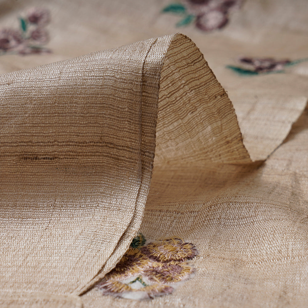 (Pre-Cut 3.50 Mtr)Beige Color Embroidered Tussar Silk Fabric