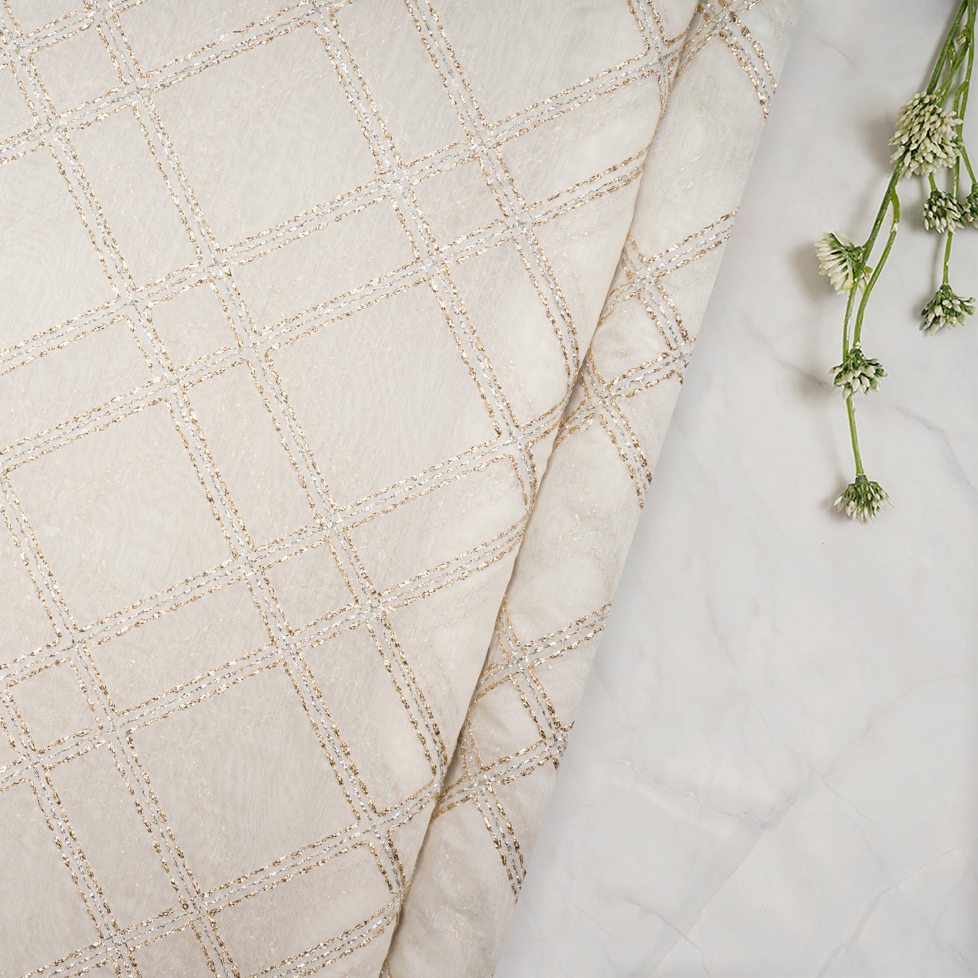 (Pre-Cut 3.80 Mtr)Off White Dyeable Check Pattern Thread & Zari Embroidered Chanderi Fabric