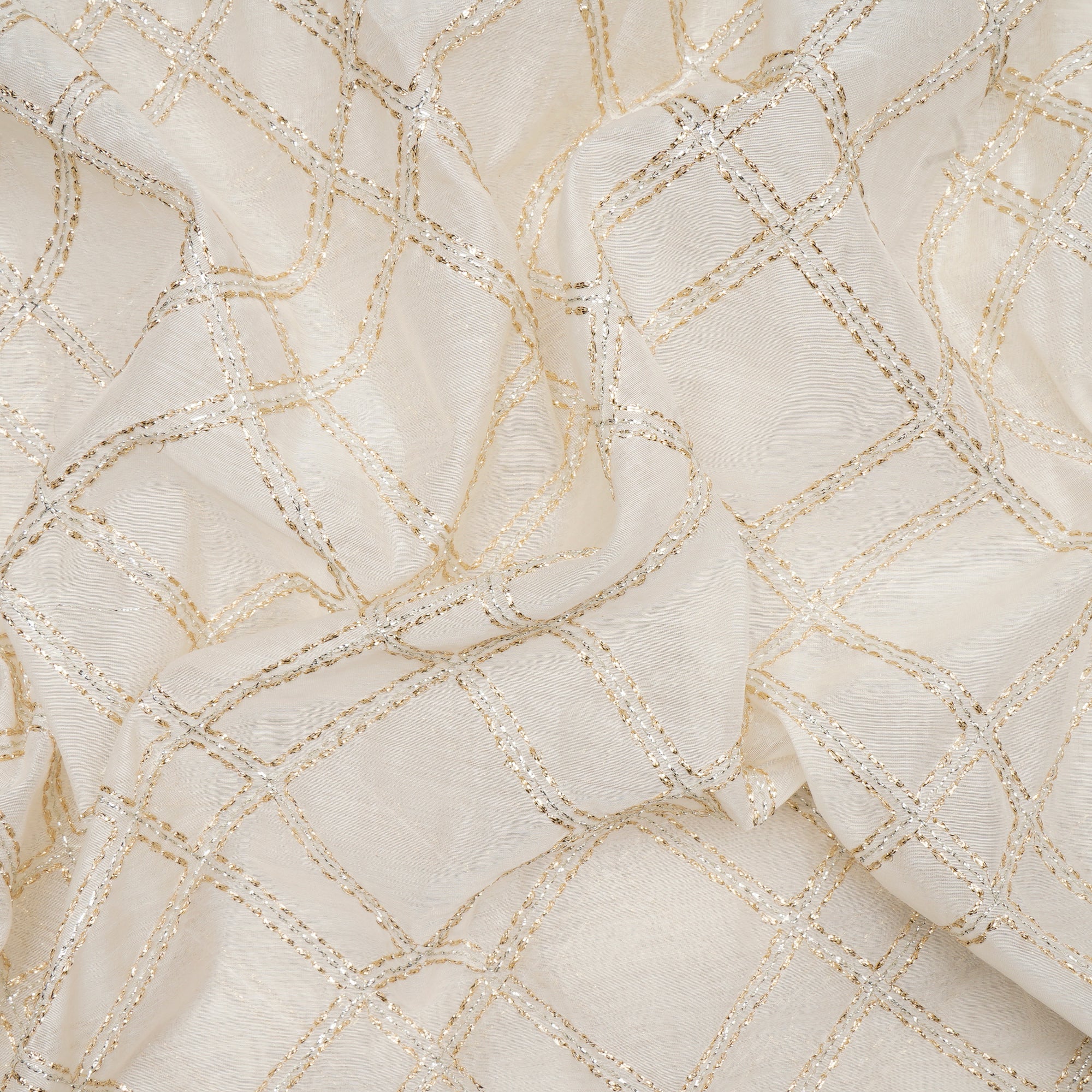 (Pre-Cut 3.80 Mtr)Off White Dyeable Check Pattern Thread & Zari Embroidered Chanderi Fabric