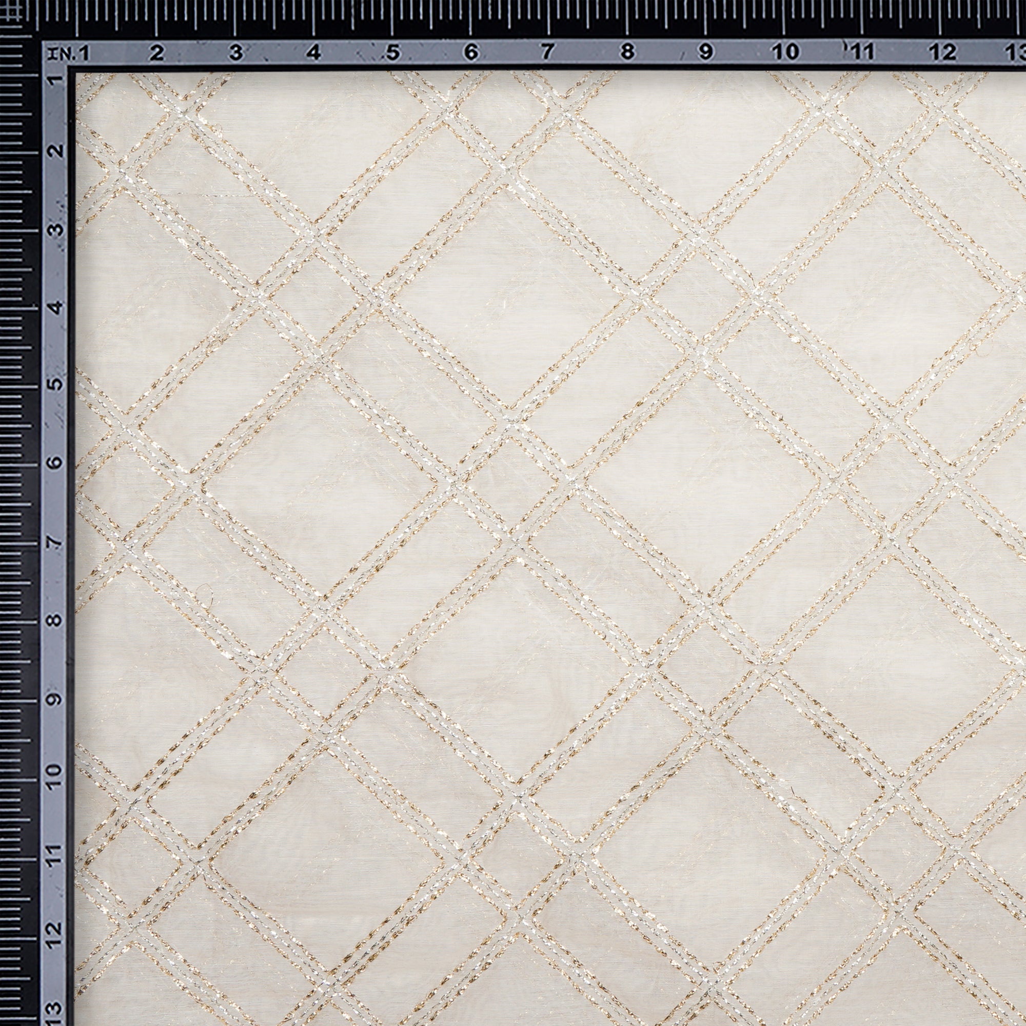 (Pre-Cut 3.80 Mtr)Off White Dyeable Check Pattern Thread & Zari Embroidered Chanderi Fabric