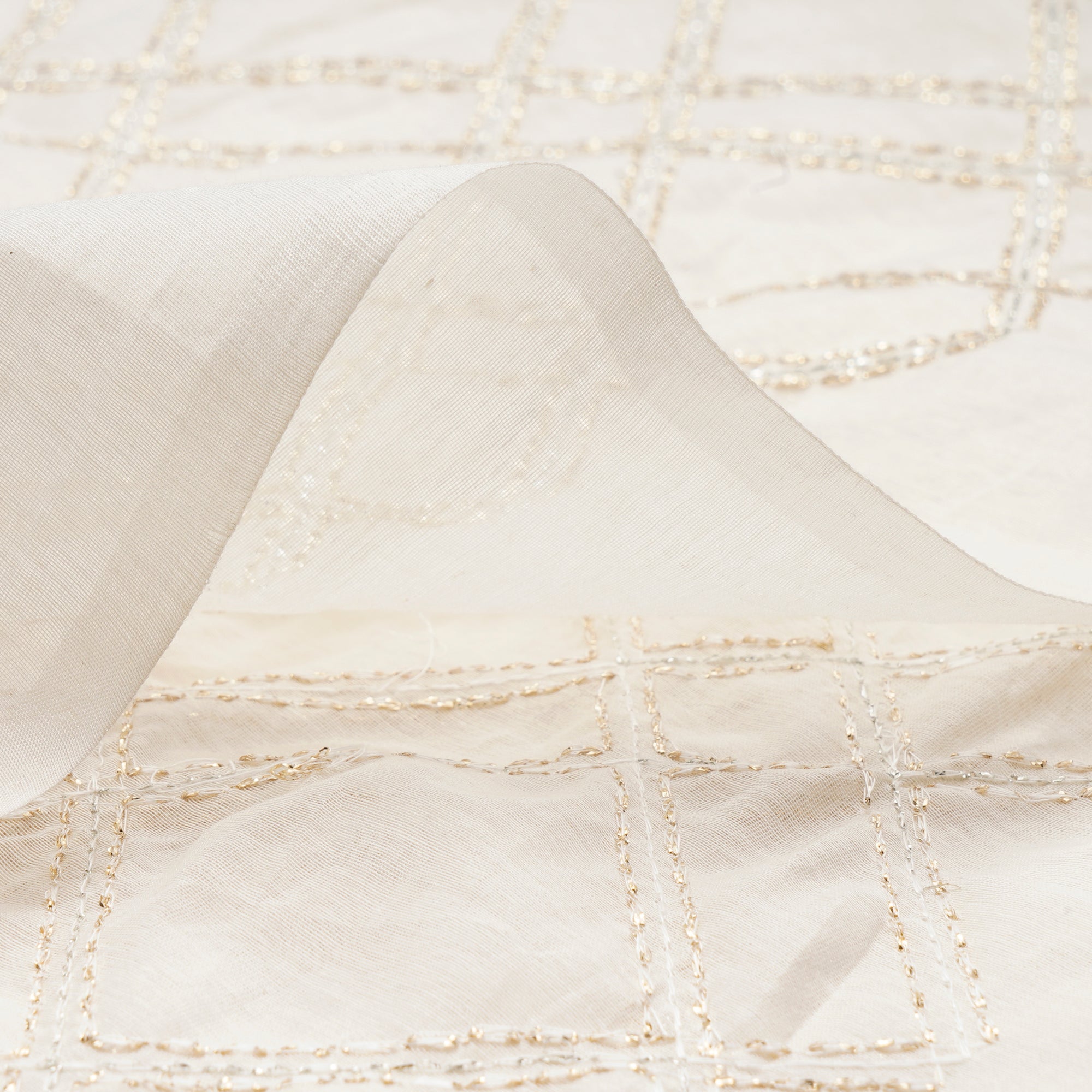 (Pre-Cut 3.80 Mtr)Off White Dyeable Check Pattern Thread & Zari Embroidered Chanderi Fabric