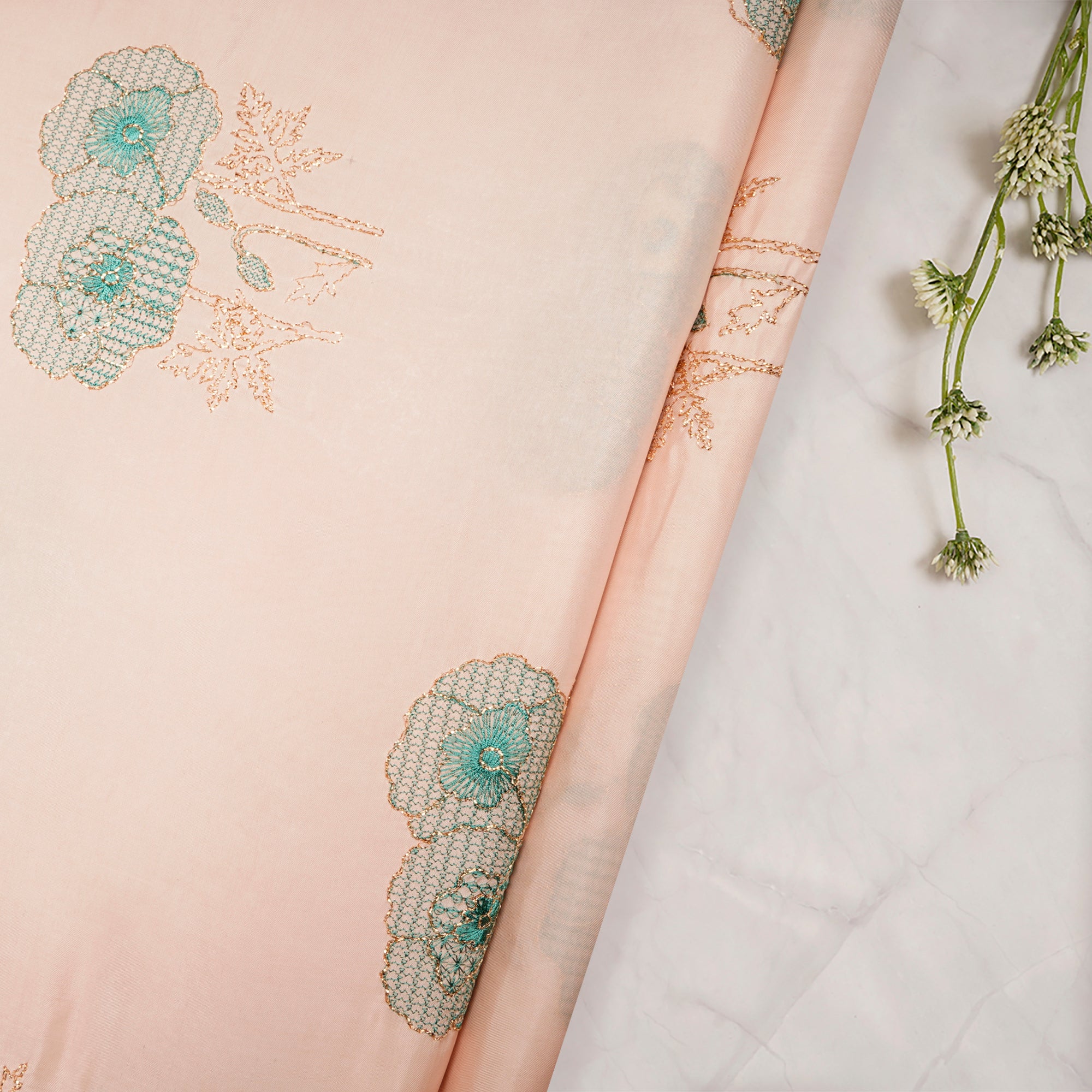 (Pre-Cut 3.60 Mtr)Pastel PInk Motif Pattern Zari Embroidered Baluchi Silk Fabric