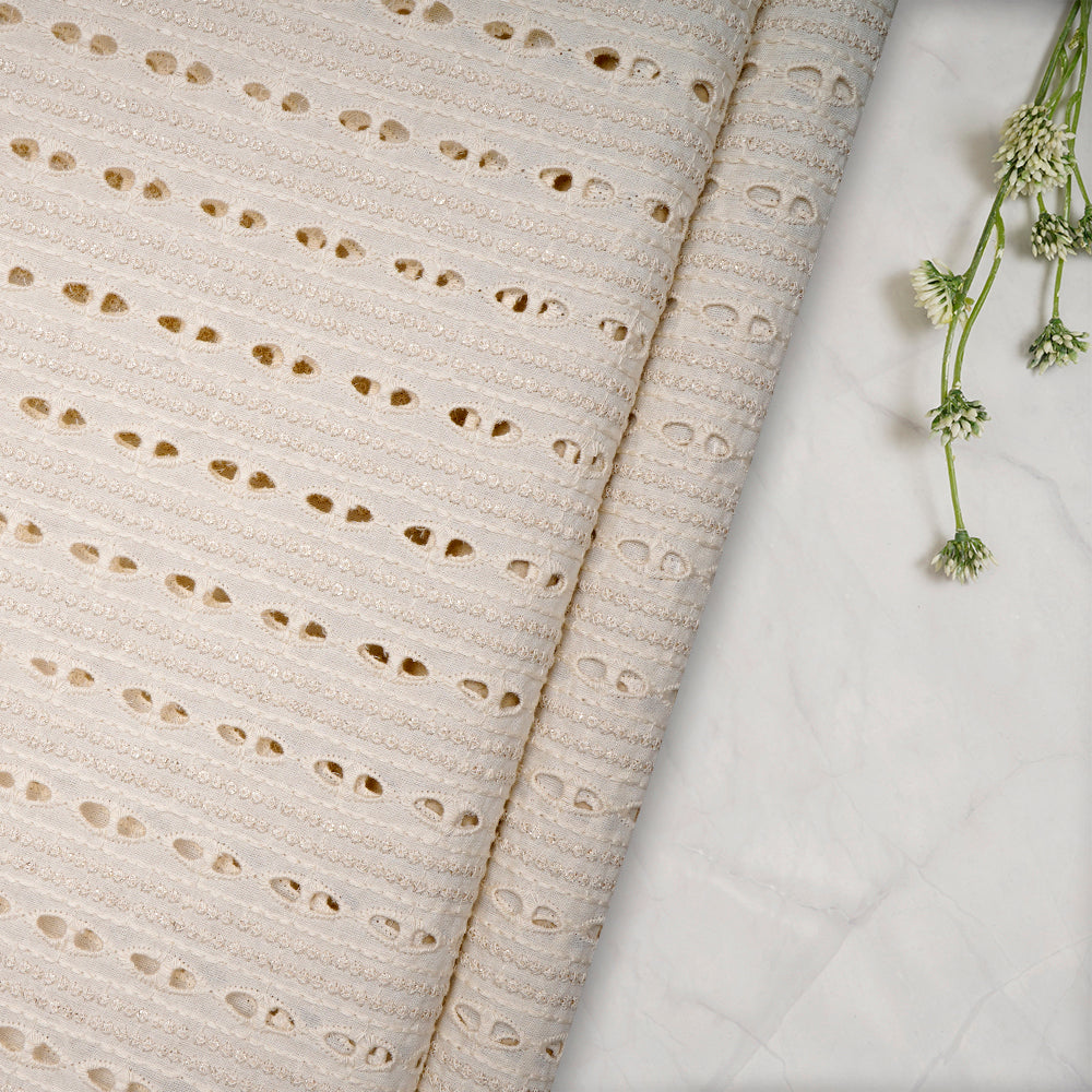 (Pre-Cut 3.10 Mtr)Off White Color Embroidered Cotton Fabric