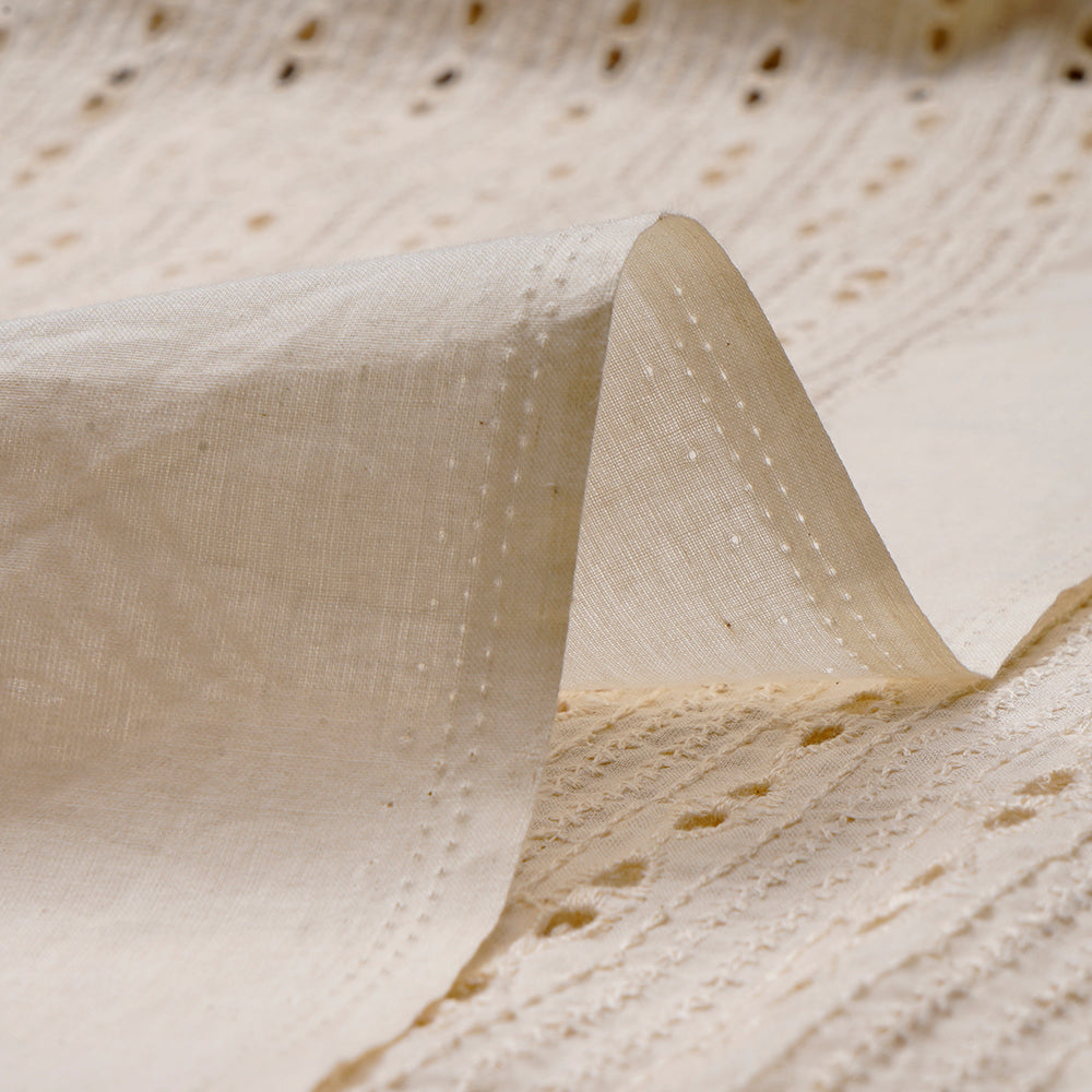 (Pre-Cut 3.10 Mtr)Off White Color Embroidered Cotton Fabric