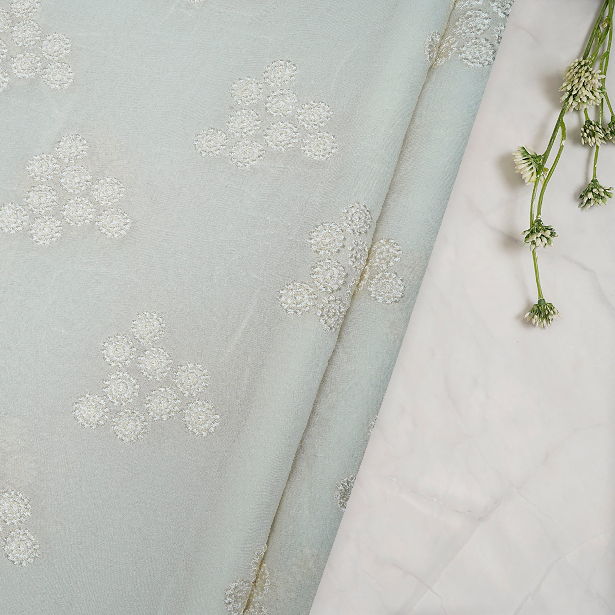(Pre-Cut 3.40 Mtr)Off-White Color Embroidered Viscose Georgette Fabric