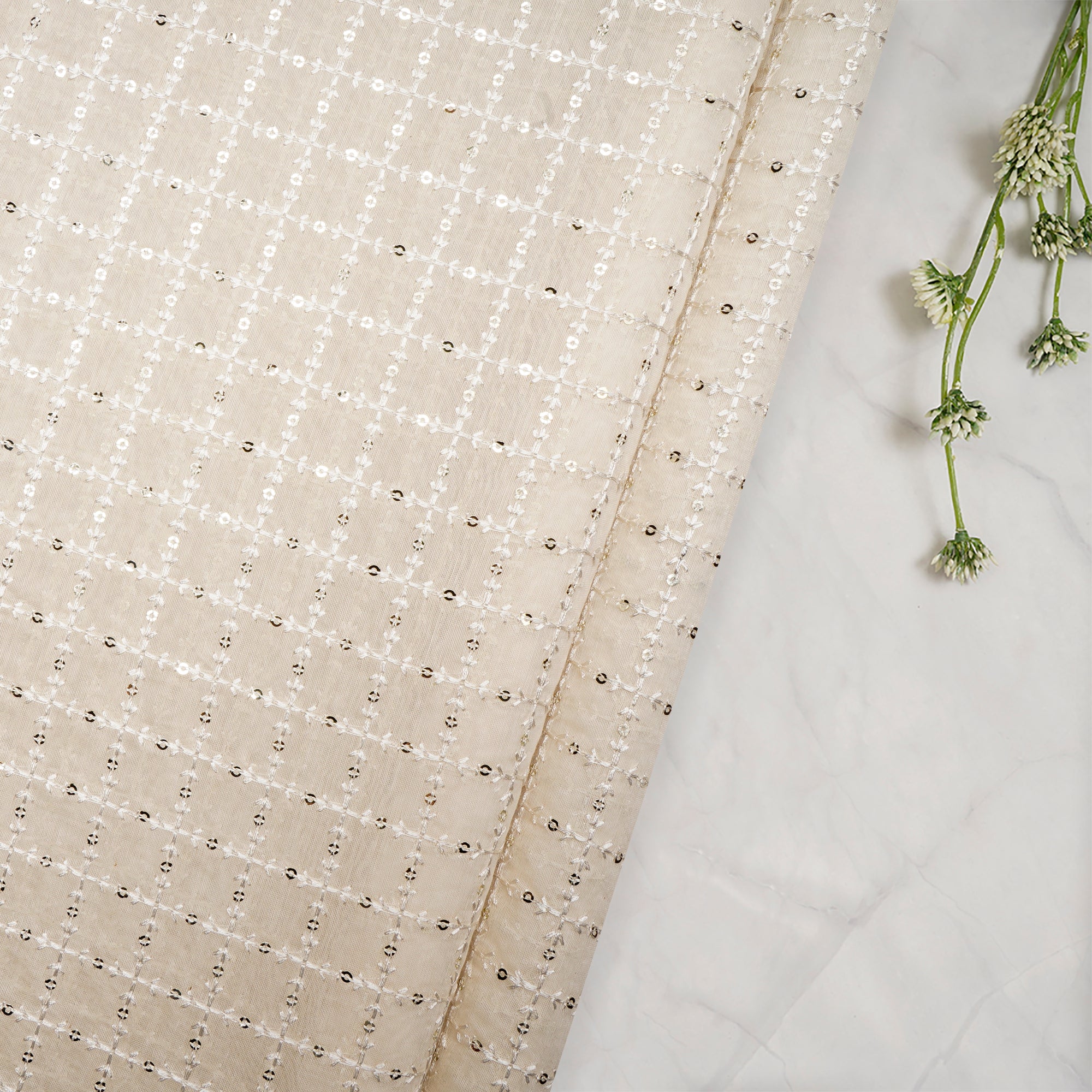 (Pre-Cut 2.50 Mtr)White Dyeable Check Pattern Sequins Embroidered Chanderi Fabric