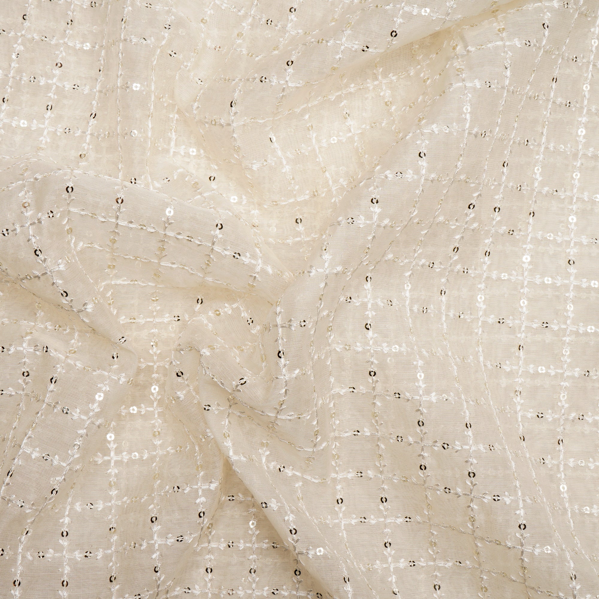 (Pre-Cut 2.50 Mtr)White Dyeable Check Pattern Sequins Embroidered Chanderi Fabric