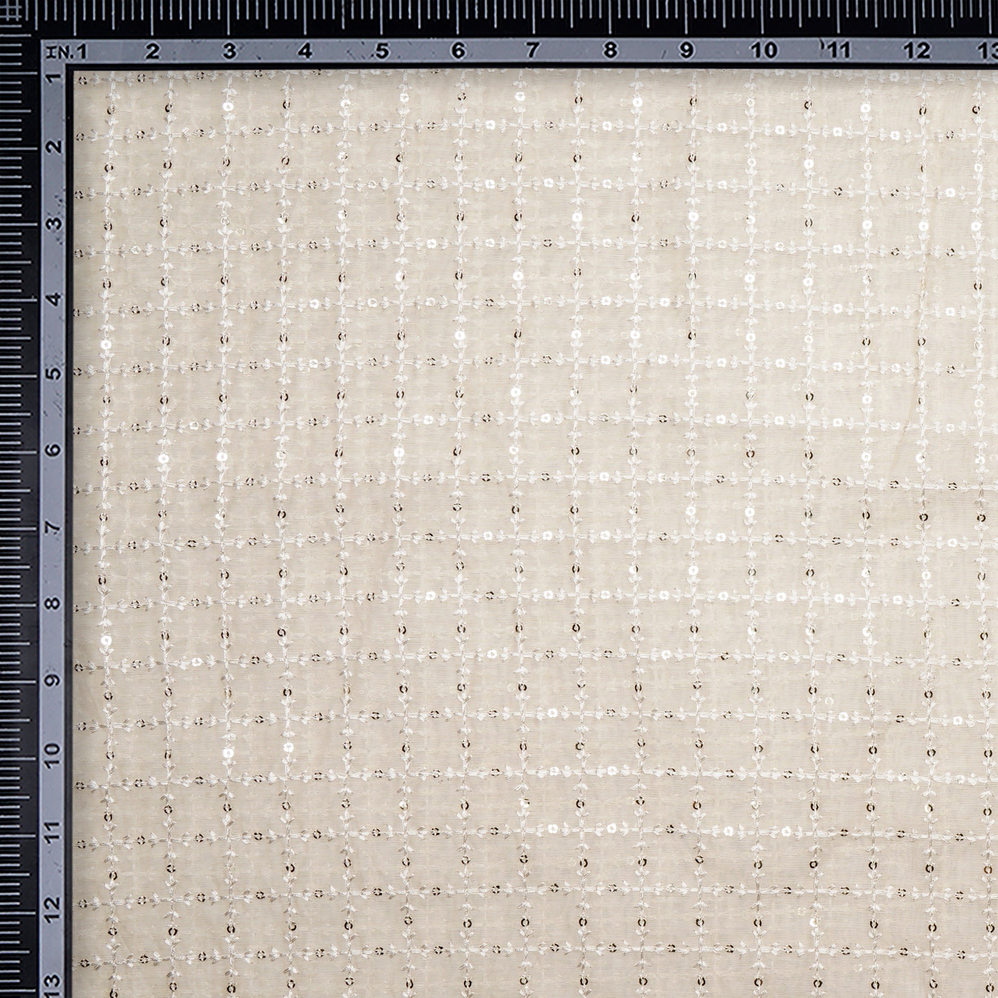 (Pre-Cut 2.50 Mtr)White Dyeable Check Pattern Sequins Embroidered Chanderi Fabric