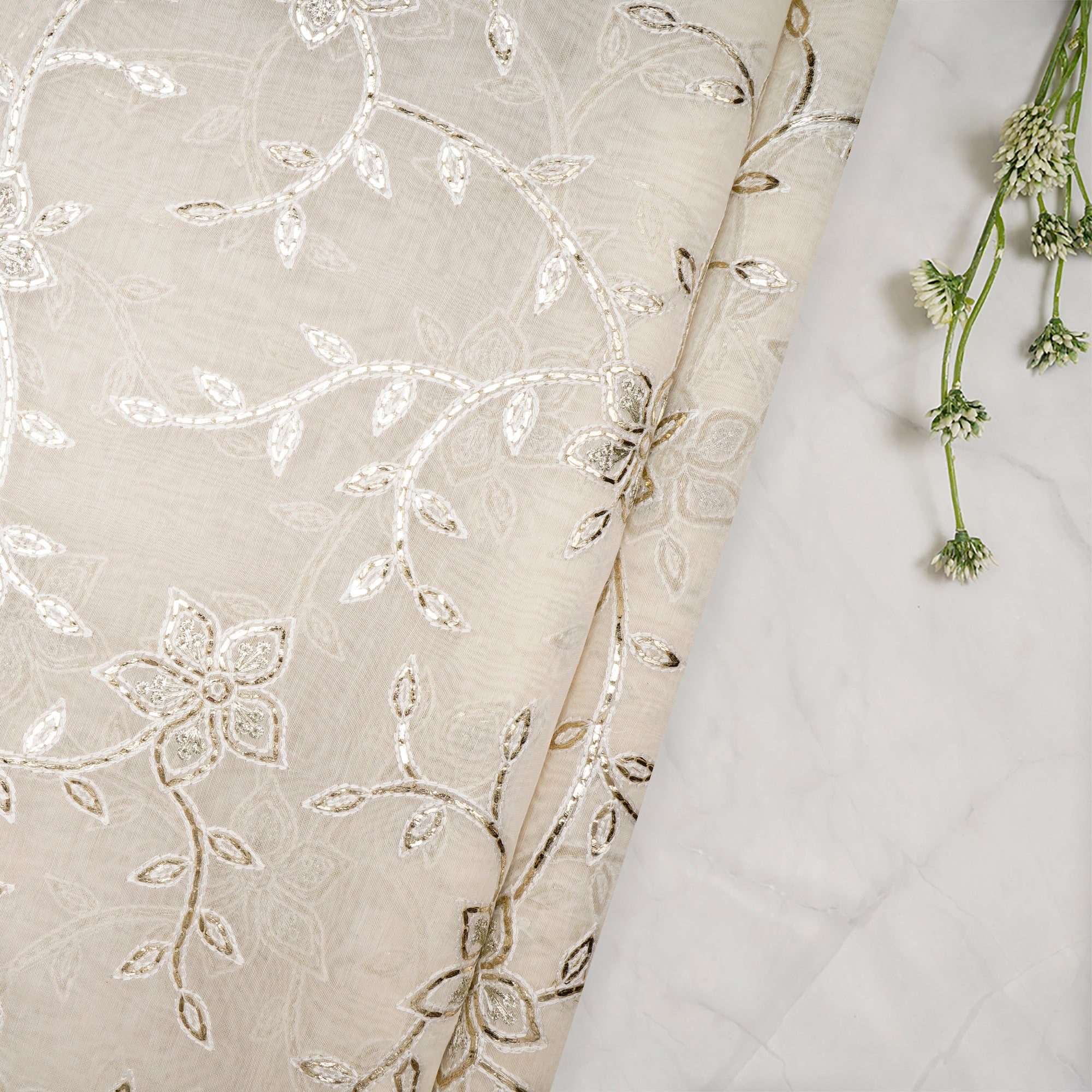 (Pre-Cut 3.00 Mtr)Off White Dyeable All Over Pattern Gota Patti Work Embroidered Chanderi Fabric