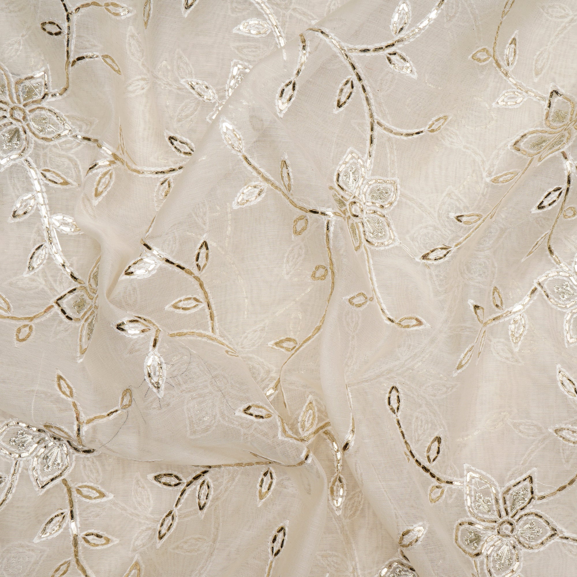 (Pre-Cut 3.00 Mtr)Off White Dyeable All Over Pattern Gota Patti Work Embroidered Chanderi Fabric