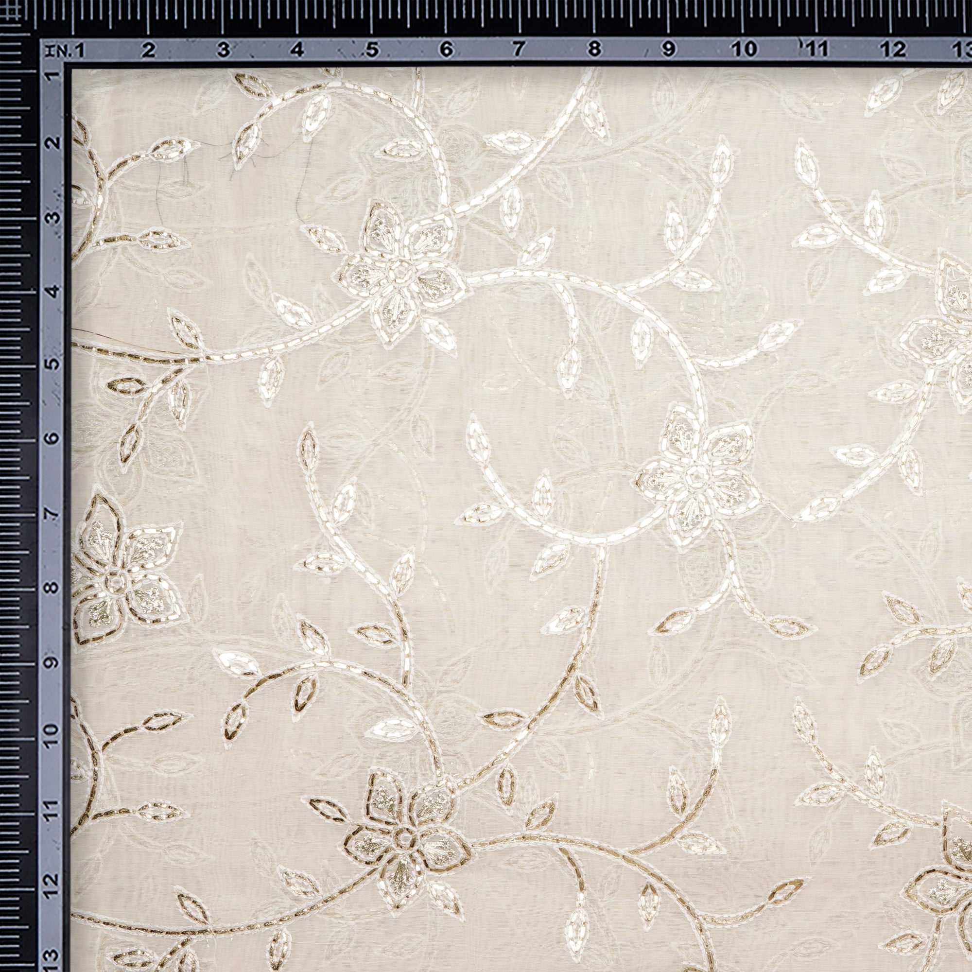 (Pre-Cut 3.00 Mtr)Off White Dyeable All Over Pattern Gota Patti Work Embroidered Chanderi Fabric