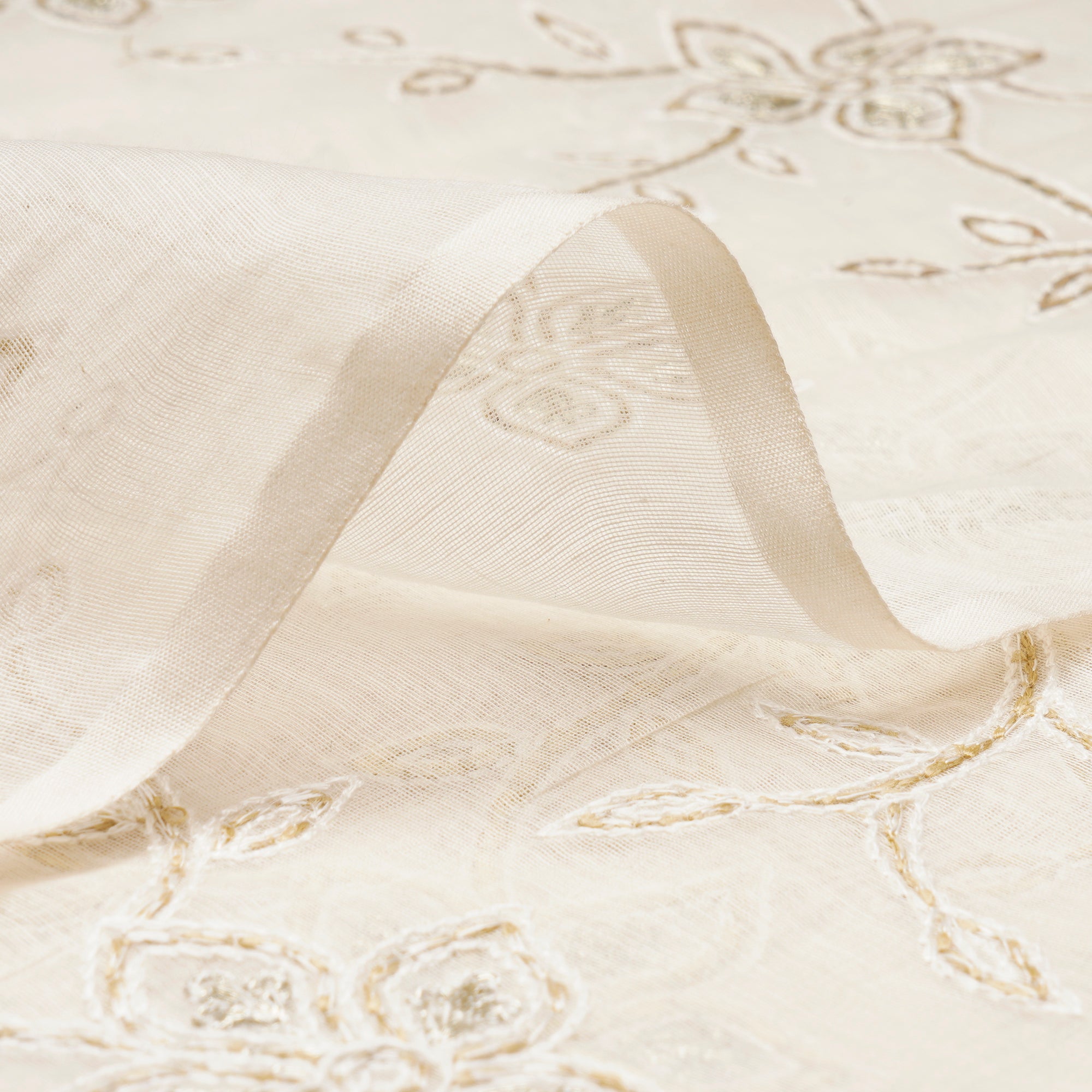 (Pre-Cut 3.00 Mtr)Off White Dyeable All Over Pattern Gota Patti Work Embroidered Chanderi Fabric