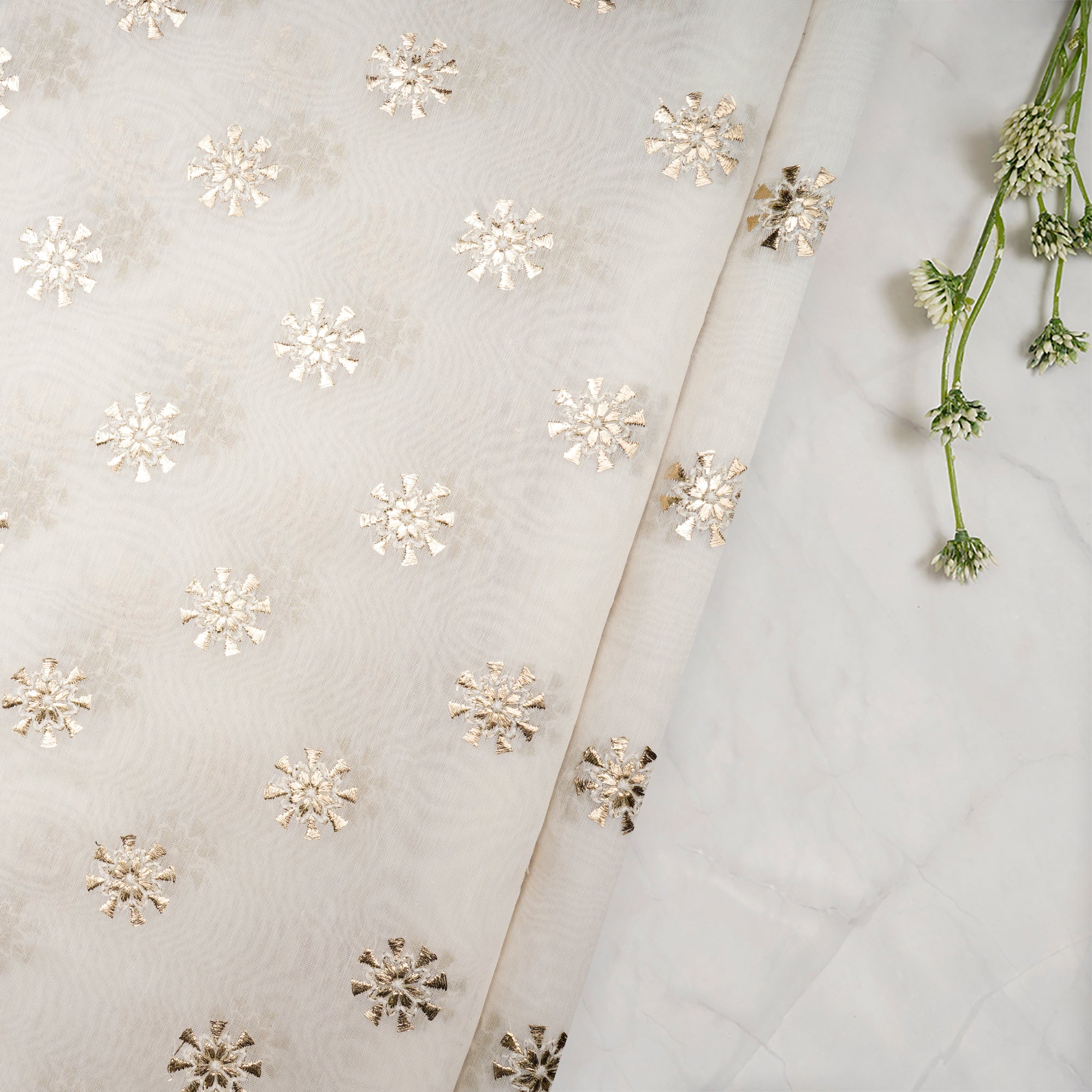 (Pre-Cut 2.70 Mtr)Off White Dyeable Motif Pattern Gota Patti Work Embroidered Chanderi Fabric