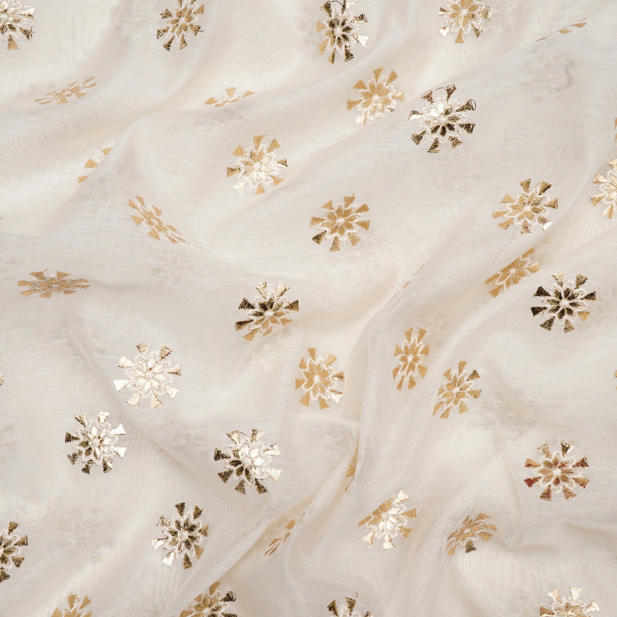 (Pre-Cut 2.70 Mtr)Off White Dyeable Motif Pattern Gota Patti Work Embroidered Chanderi Fabric