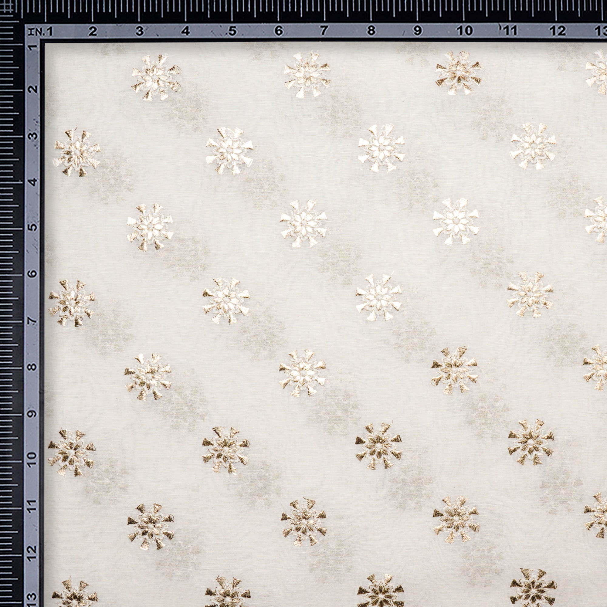 (Pre-Cut 2.70 Mtr)Off White Dyeable Motif Pattern Gota Patti Work Embroidered Chanderi Fabric