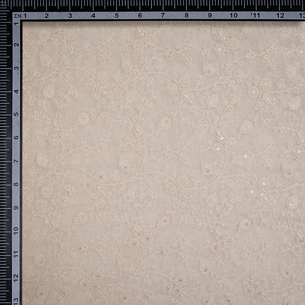 (Pre-Cut 2.70 Mtr)Off White Color Embroidered Pure Fine Chanderi Fabric