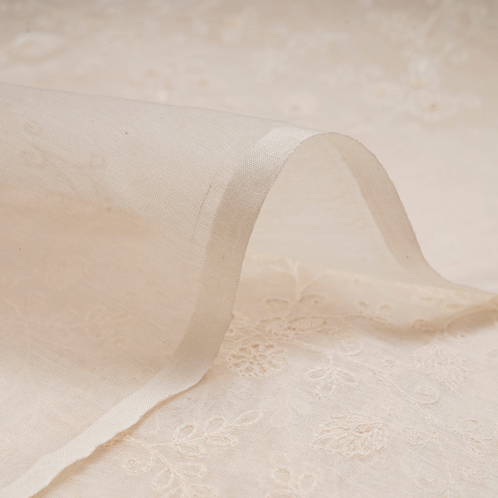 (Pre-Cut 2.70 Mtr)Off White Color Embroidered Pure Fine Chanderi Fabric