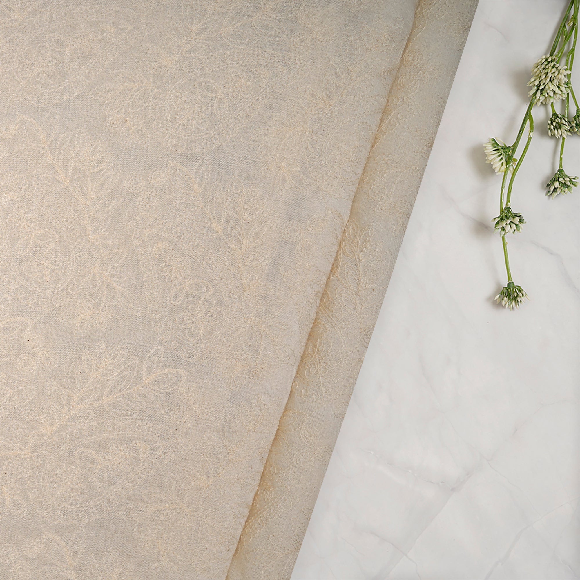 (Pre-Cut 3.20 Mtr)White Color Embroidered Fine Chanderi Fabric