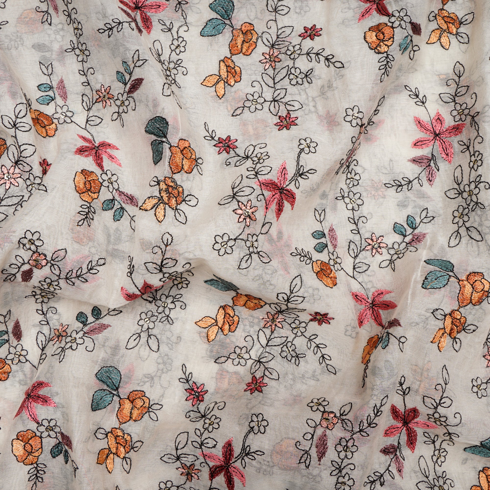 (Pre-Cut 3.80 Mtr)Multi Color All Over Pattern Thread Embroidered Chanderi Fabric