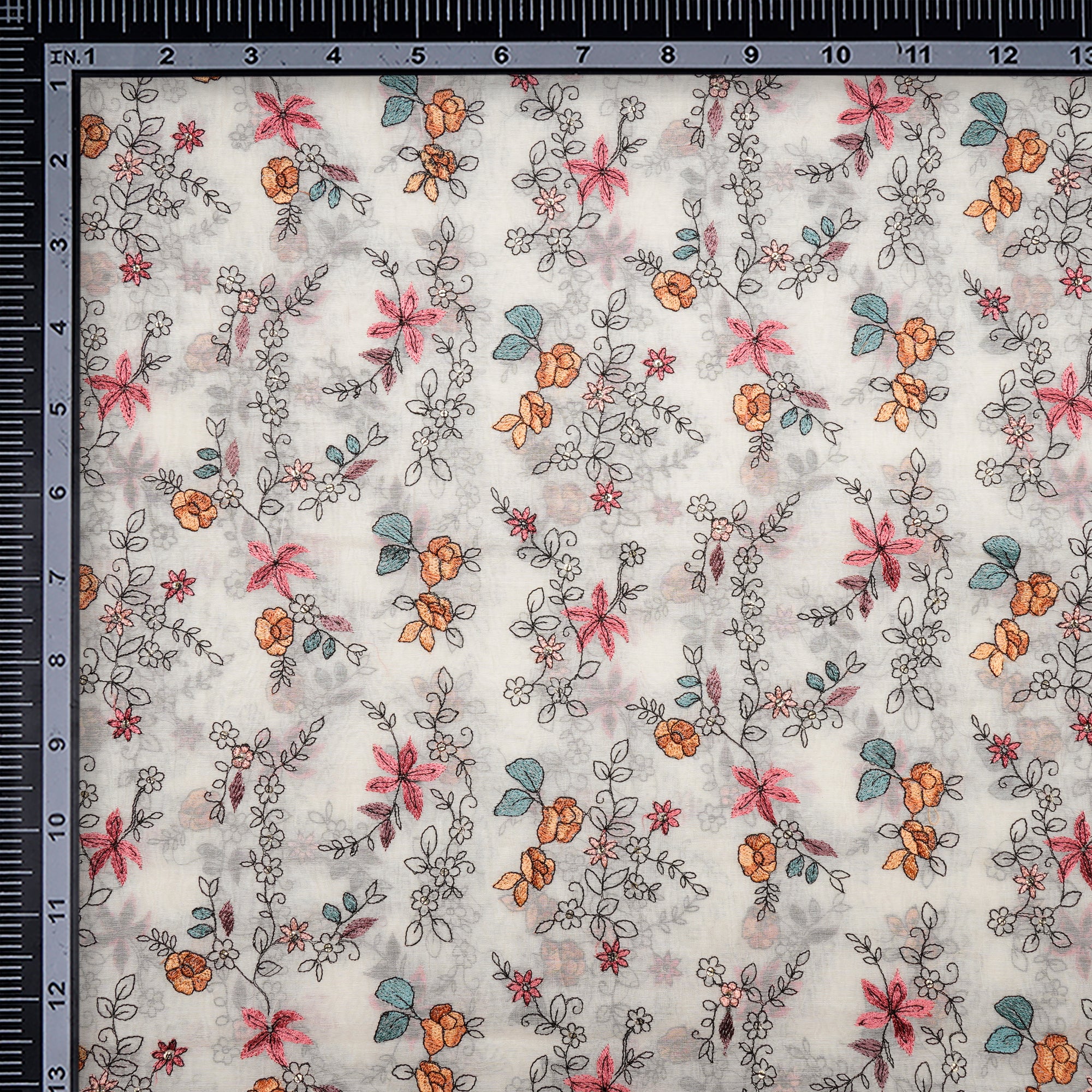 (Pre-Cut 3.80 Mtr)Multi Color All Over Pattern Thread Embroidered Chanderi Fabric