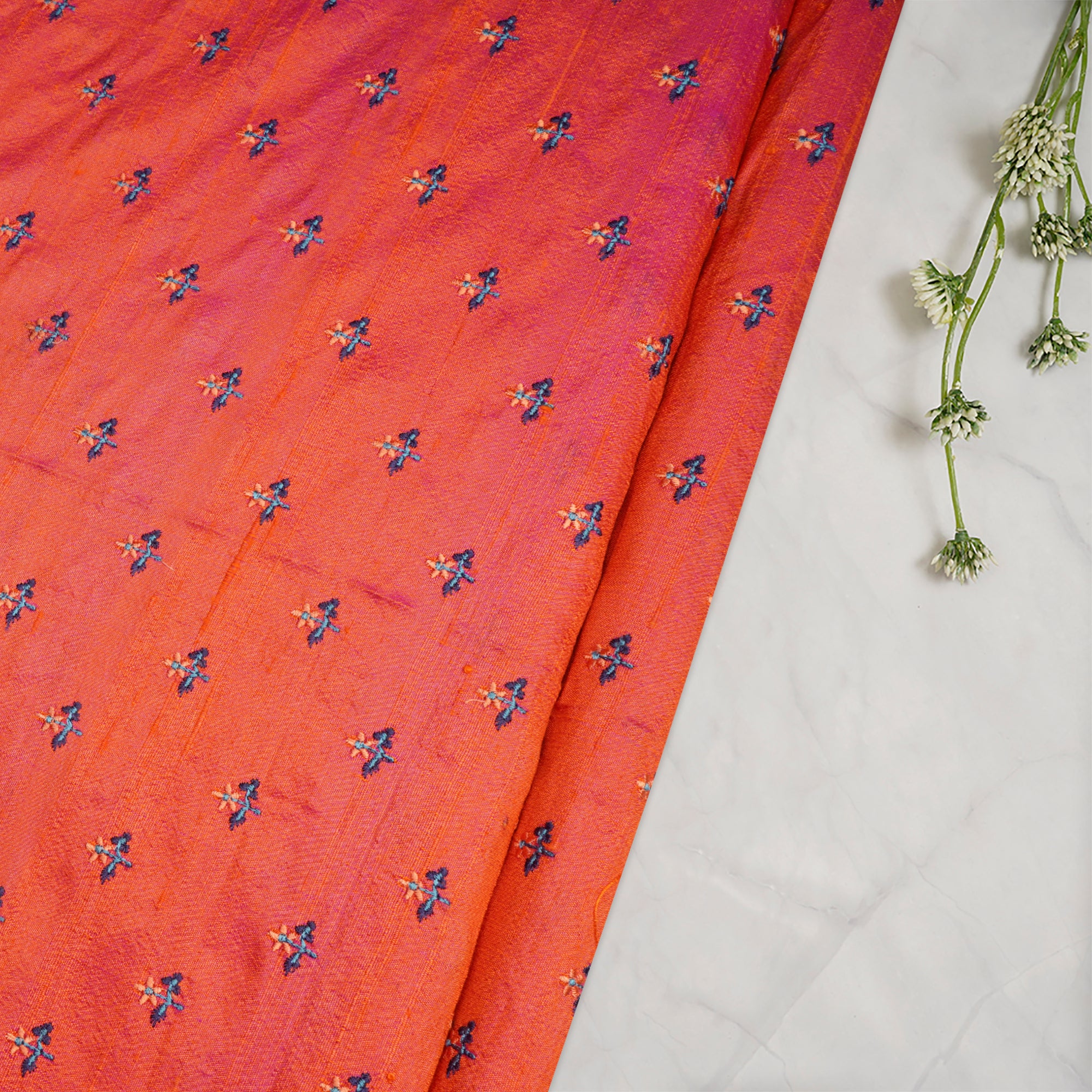 (Pre-Cut 3.20 Mtr)Orange-Pink Color Embroidered Dupion Silk Fabric