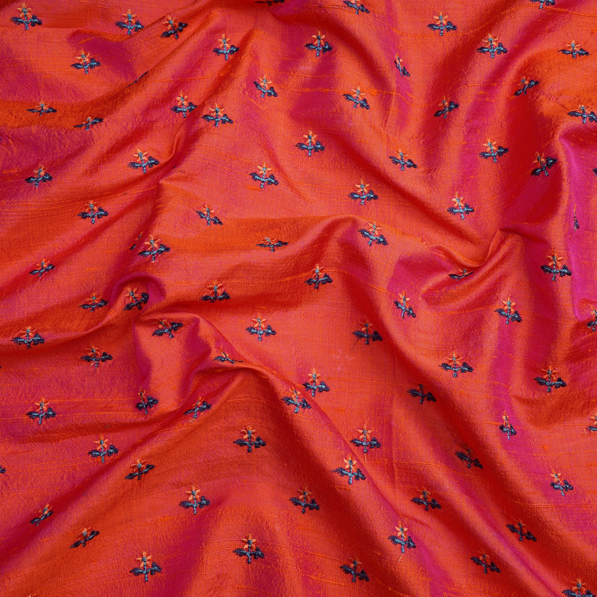 (Pre-Cut 3.20 Mtr)Orange-Pink Color Embroidered Dupion Silk Fabric